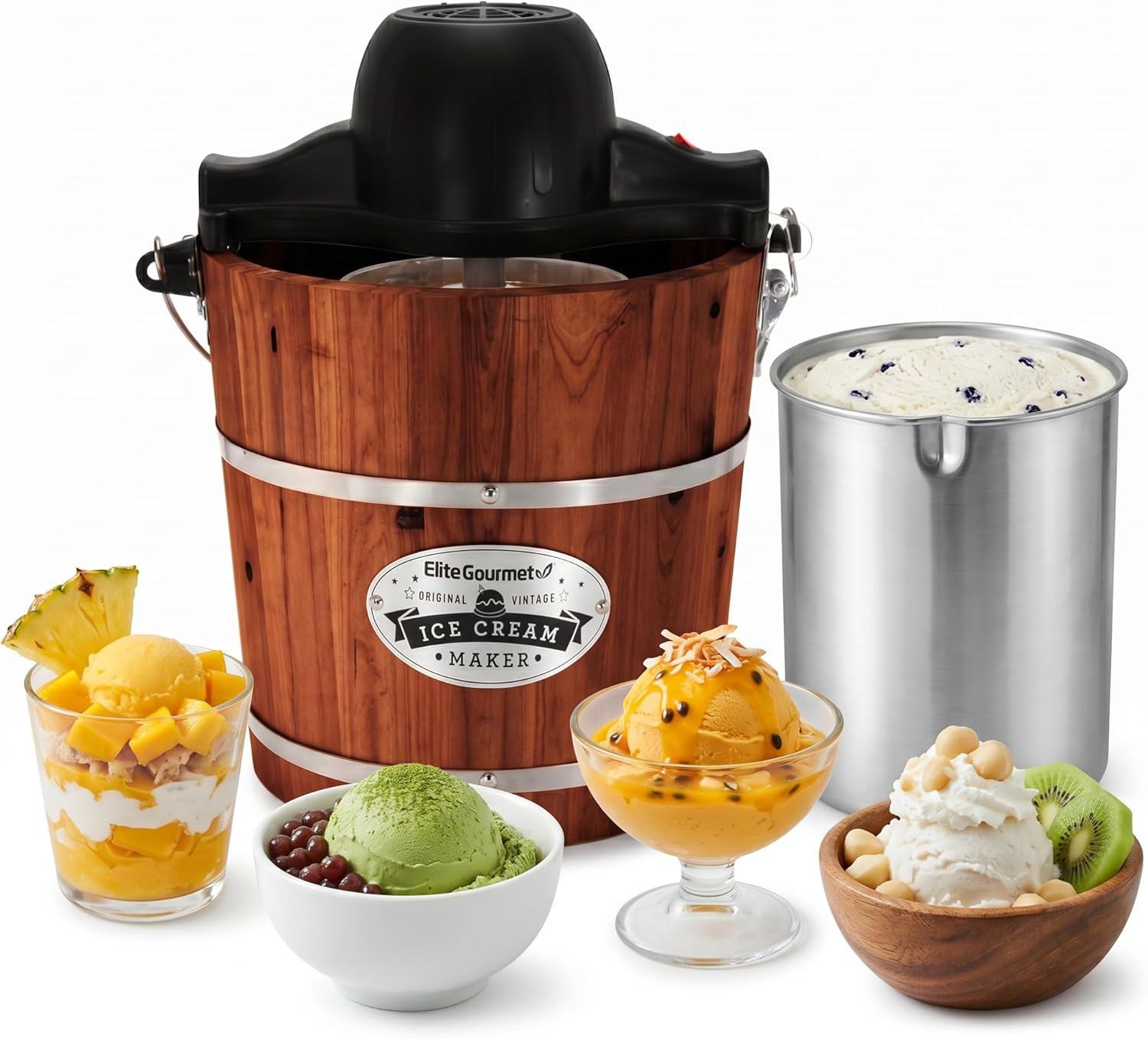 EIM418 Old Fashioned 4 Quart Vintage Walnut Wood Bucket, Electric Ice Cream Make