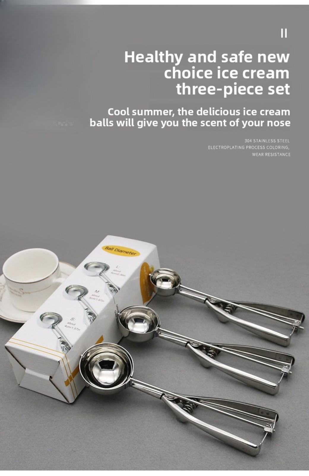 Three-piece set of Small: 4cm, Medium: 5cm, Large: 6cm Diameter, Silver