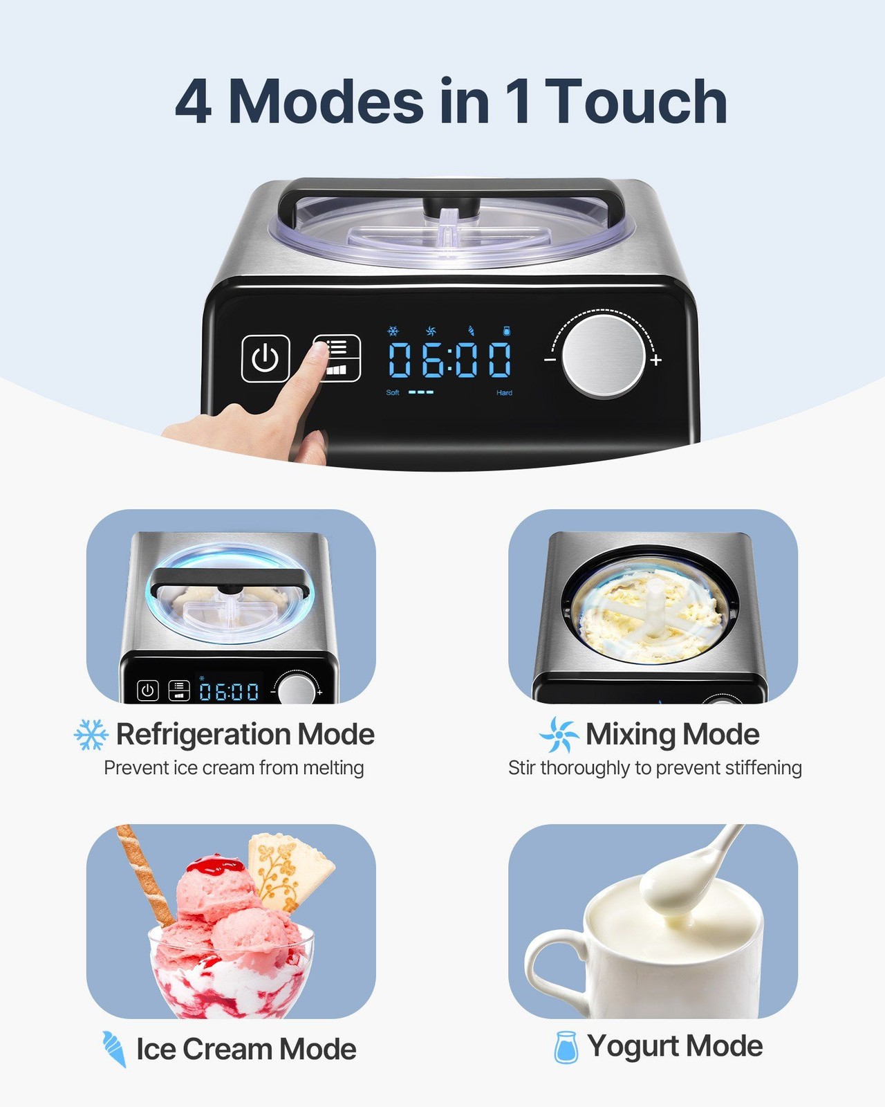 Electric Sorbet Maker 2QT, Stainless Steel, 4 Modes, Digital Timer