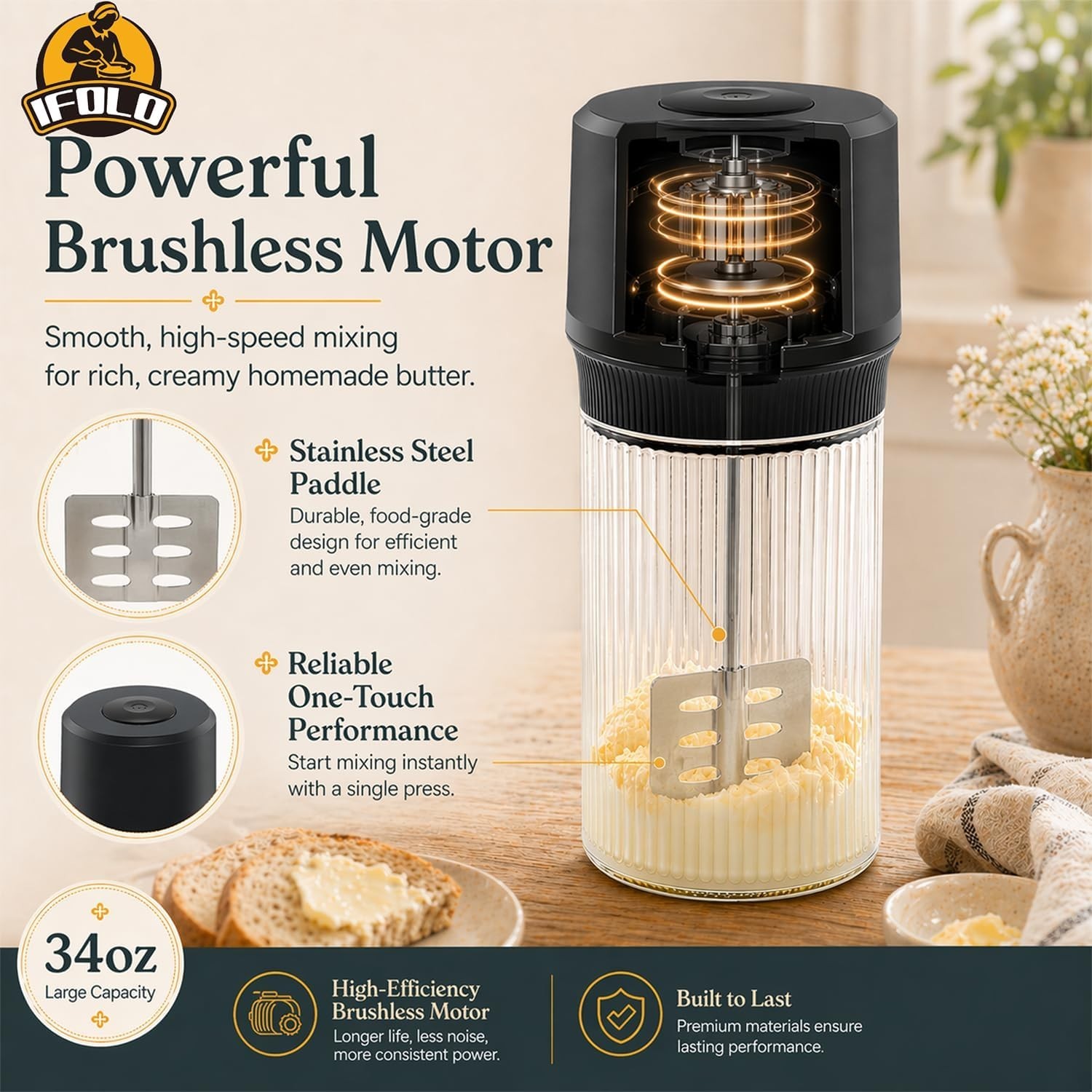 Electric Butter Churn – One-Touch Butter Maker in 5–10 Mins, 34oz Glass Jar w…