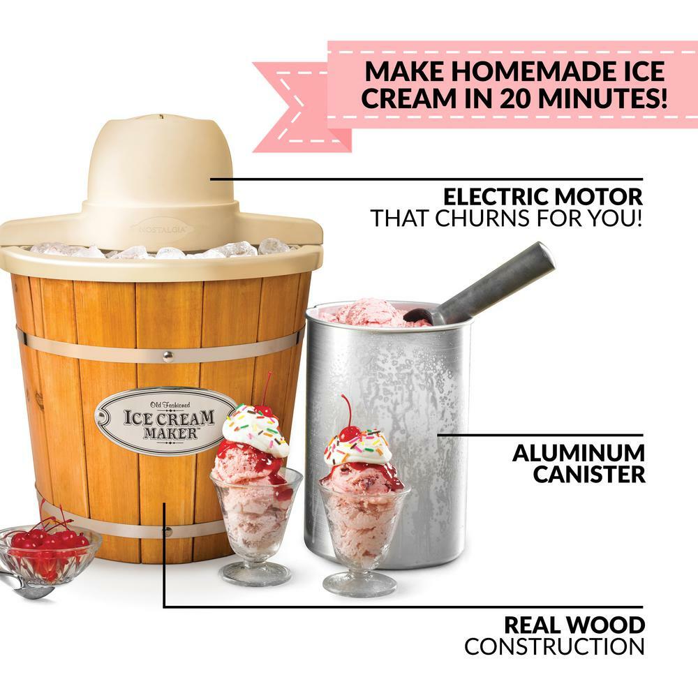 Nostalgia Electric Ice Cream Maker Light Wood Bucket Aluminum Housing 4 Qt.