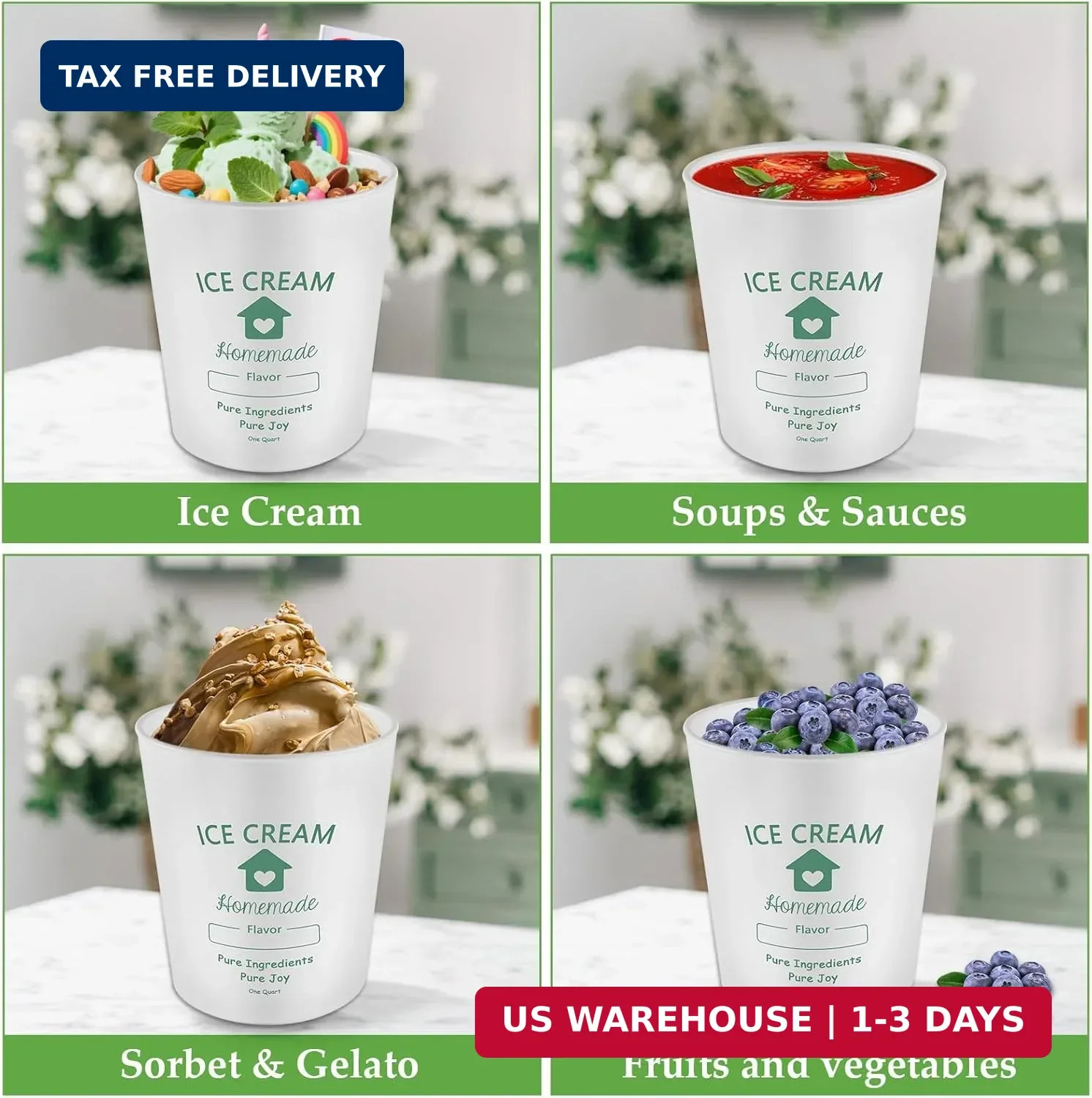 Ice Cream Containers with Silicone Lids for Homemade Ice Cream, 4 Pack 1 Quart E