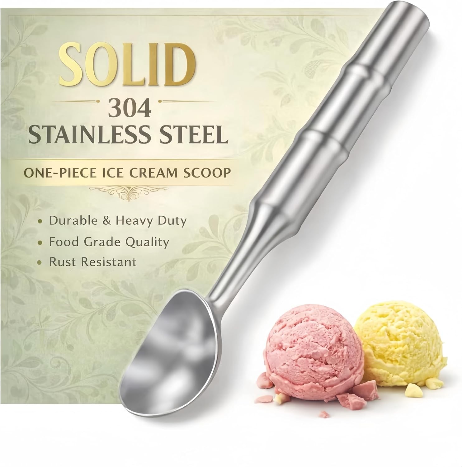 Stainless Steel Ice Cream Scoop, Heavy Duty Scooper, Silver | Uncoated one-piece