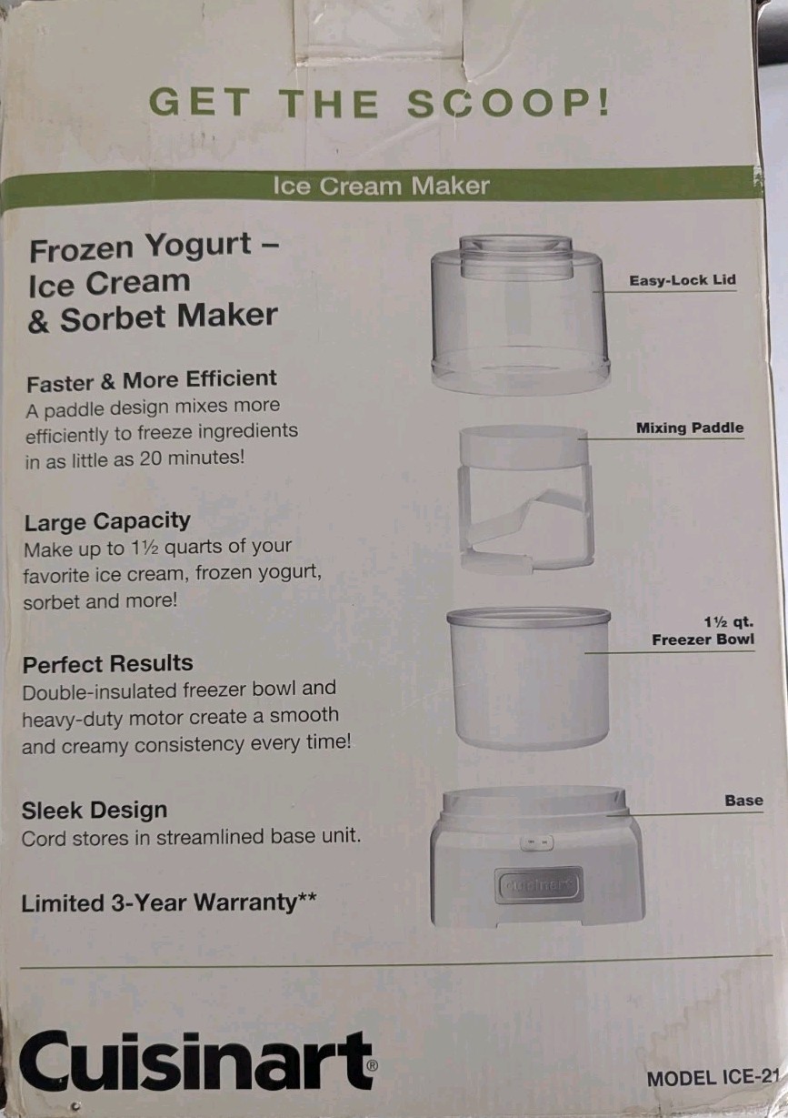 Cuisinart Ice-21 White Frozen Yogurt Ice Cream Sorbet Maker Machine *Works*