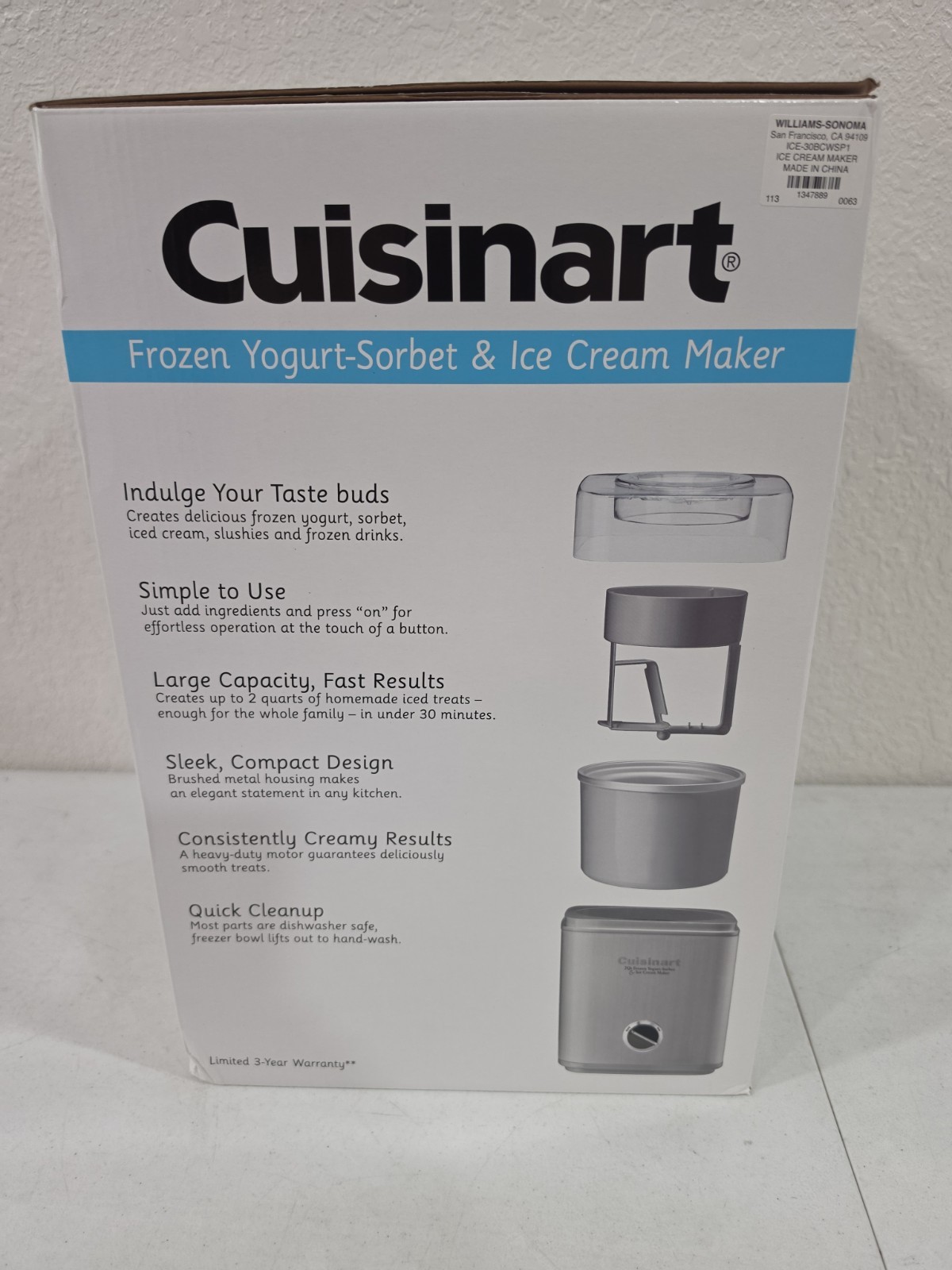 Cuisinart Ice Cream Maker, 2-Quart Sorbet and Frozen Yogurt Machine Open Box