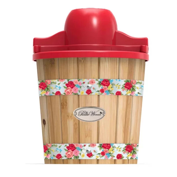 Pioneer Woman Ice Cream Maker Sweet Rose Floral Wood Barril Red Bucket 4 quart