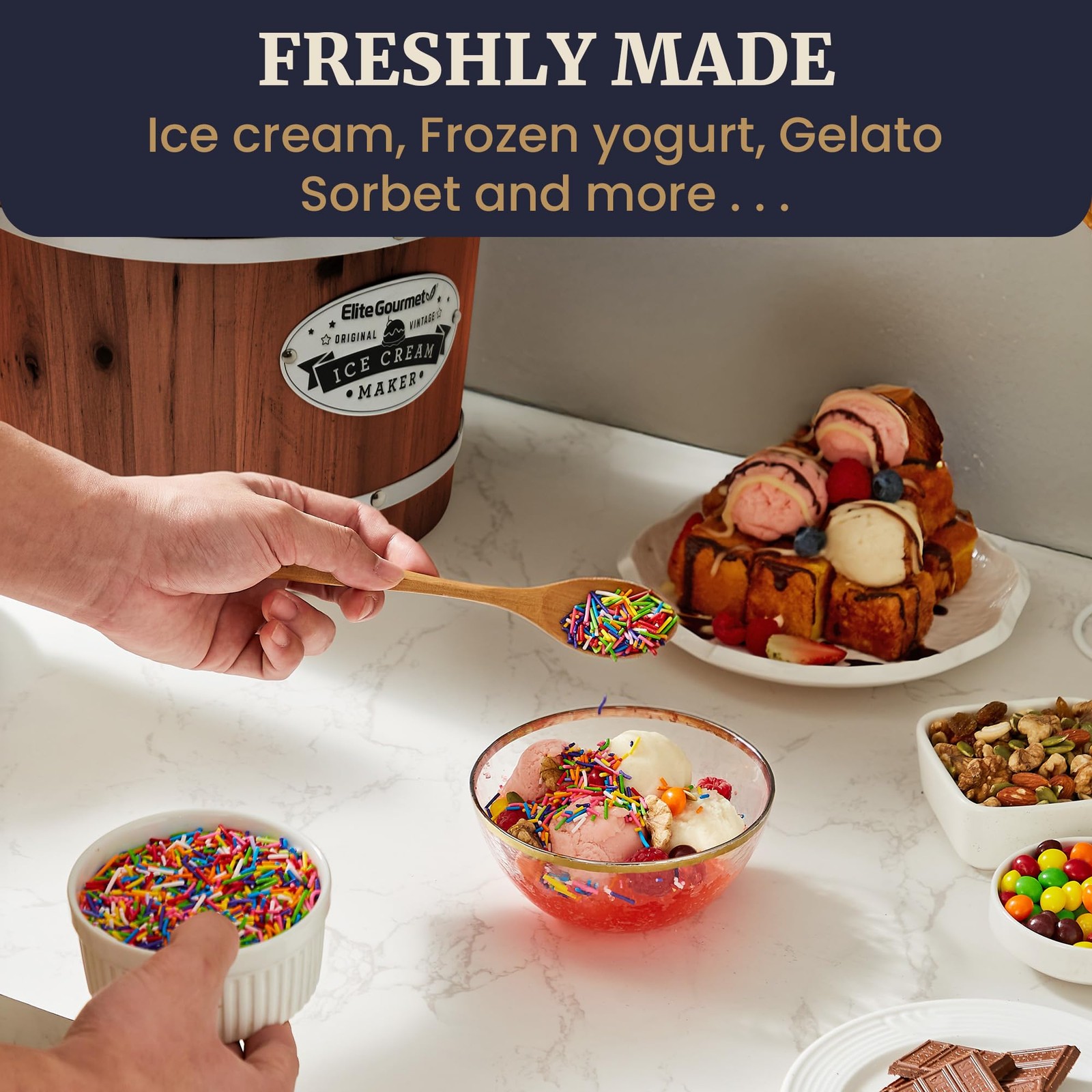 Electric Ice Cream Maker 4 Quart Walnut Wood Churns Dessert Gelato Frozen Yogurt
