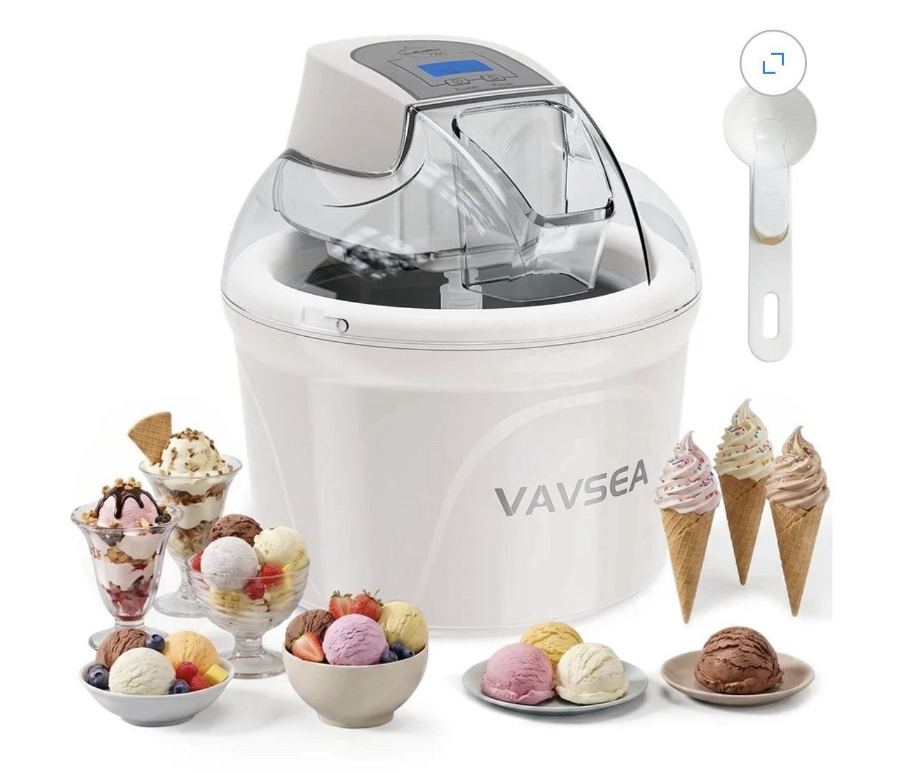VAVSEA Electric Ice Cream Maker 1.5 Qt Freezer Bowl LCD Timer Scoop White