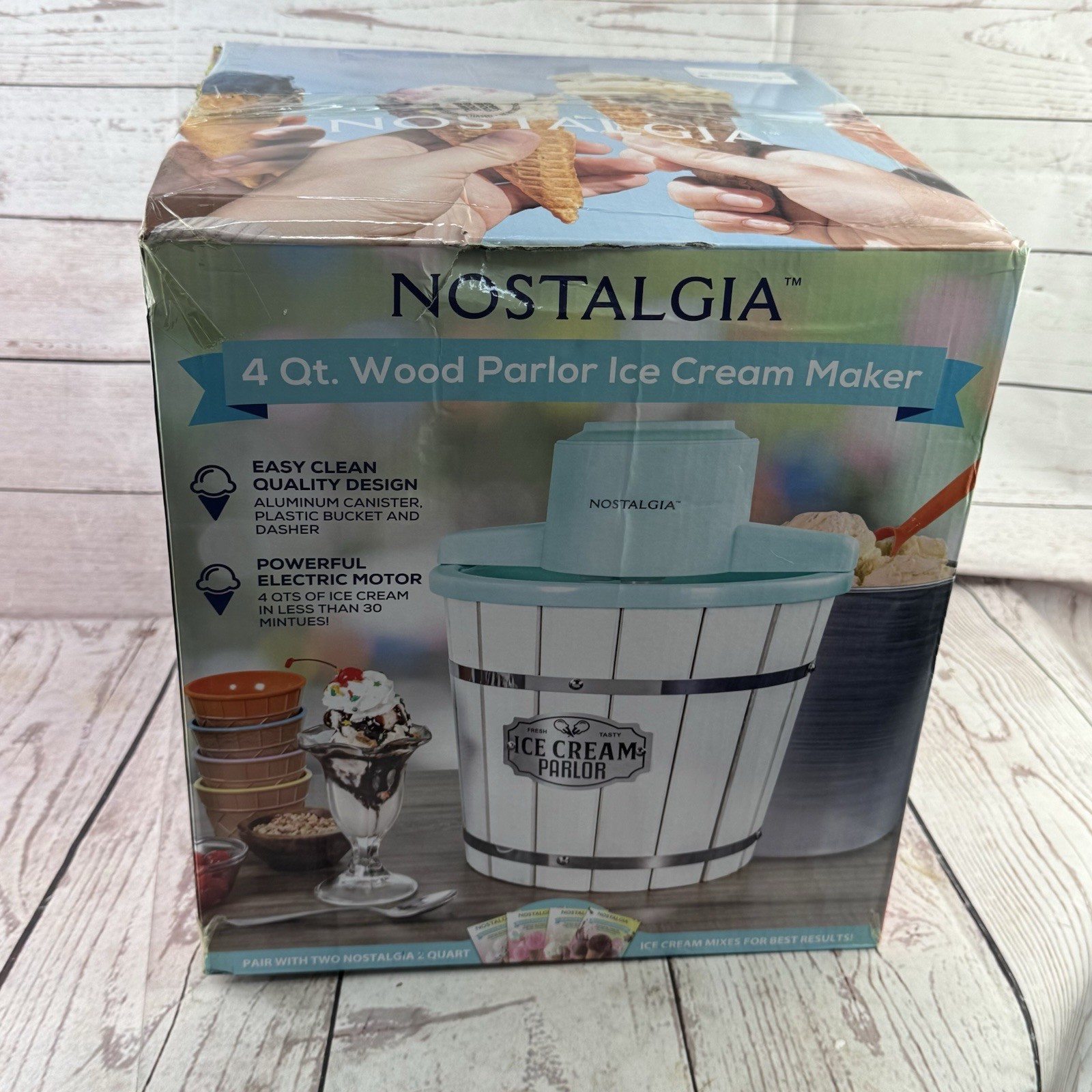 Nostalgia 4 Qt Aqua Wood Parlor Electric Ice Cream Maker Open Box