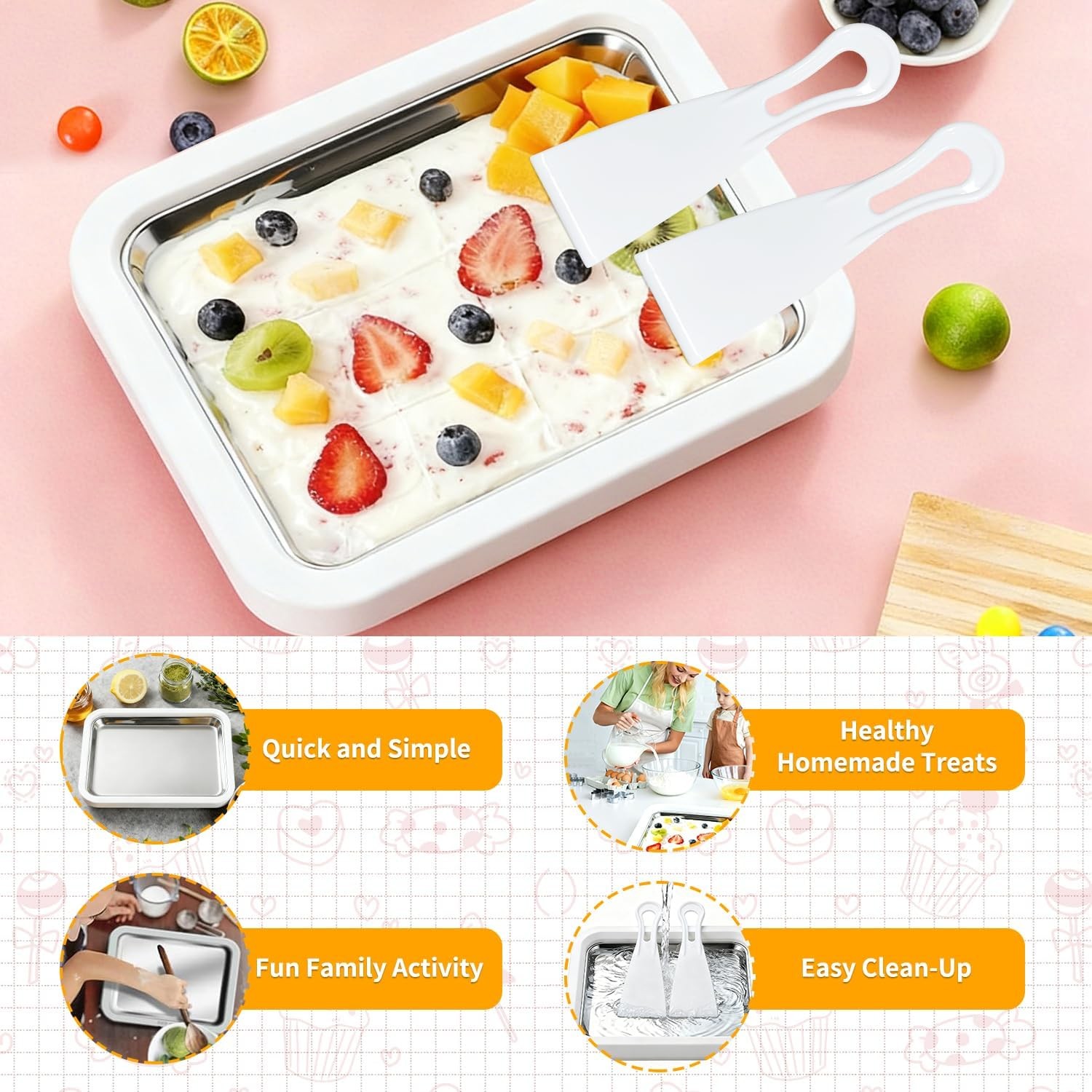 Rolled Ice Cream Maker W/ 2 Scrapers Food Grade Stainless Steel rolled ice cream
