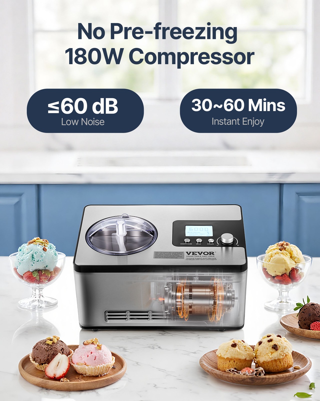 VEVOR 2 Quart Automatic Ice Cream Machine Electric Yogurt Gelato Make Silver