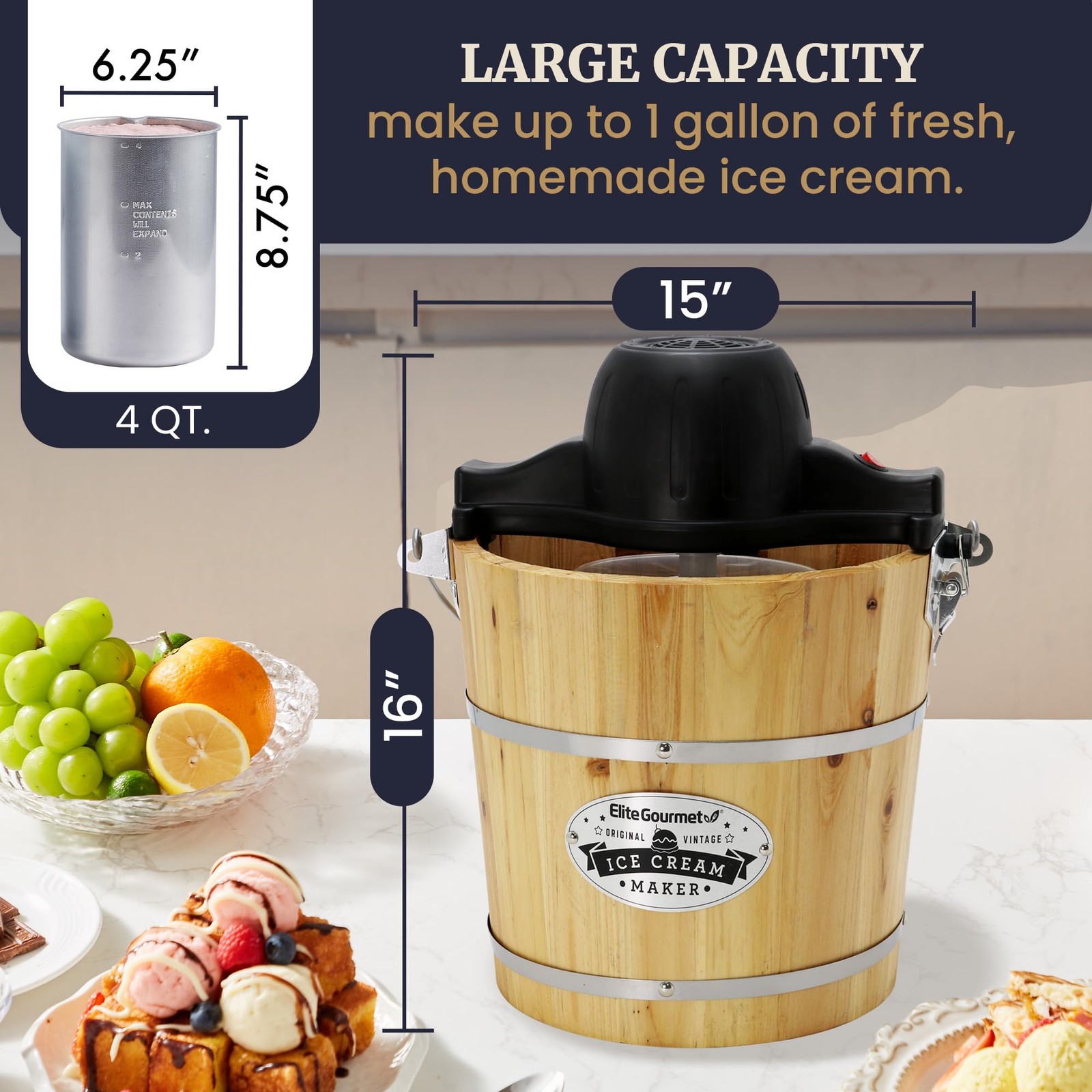 Elite Gourmet EIM402 Old Fashioned 4 Quart Vintage Wood Bucket Electric Ice