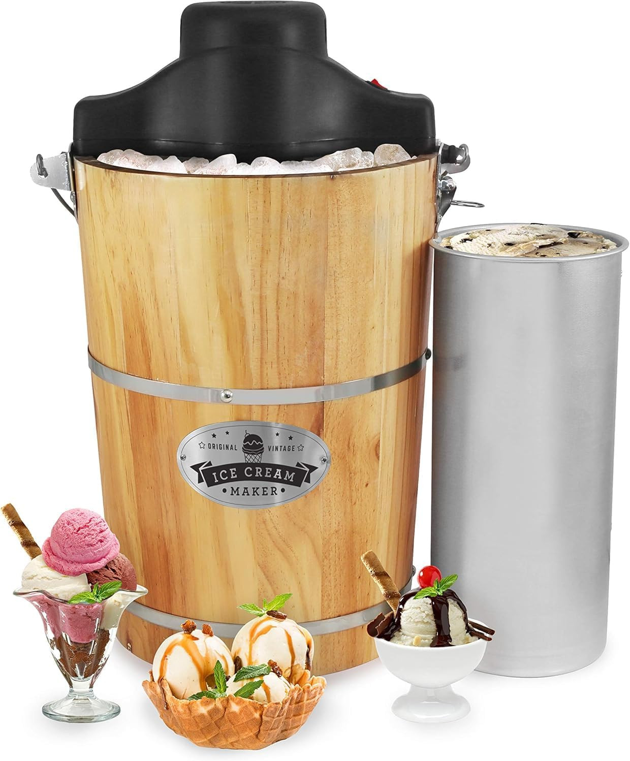 EIM916X Old Fashioned 6 Quart Vintage Wood Bucket Electric Ice Cream Maker Machi