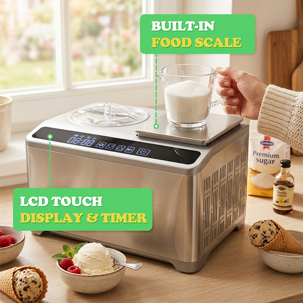 2L Automatic Ice Cream Maker W/ Built-in Scale, Touch Control for Yogurt Gelato