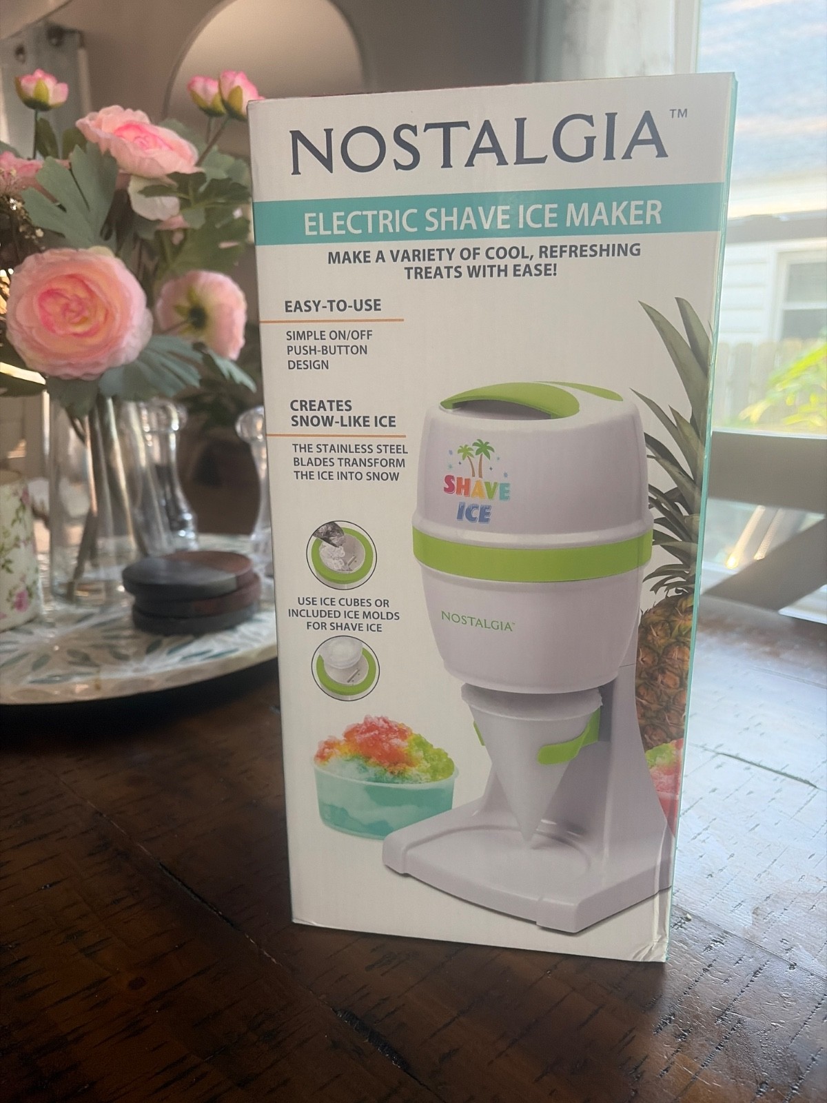 Nostalgia Electric Shave Ice Maker (Model ESHVICE2HSI) featuring white