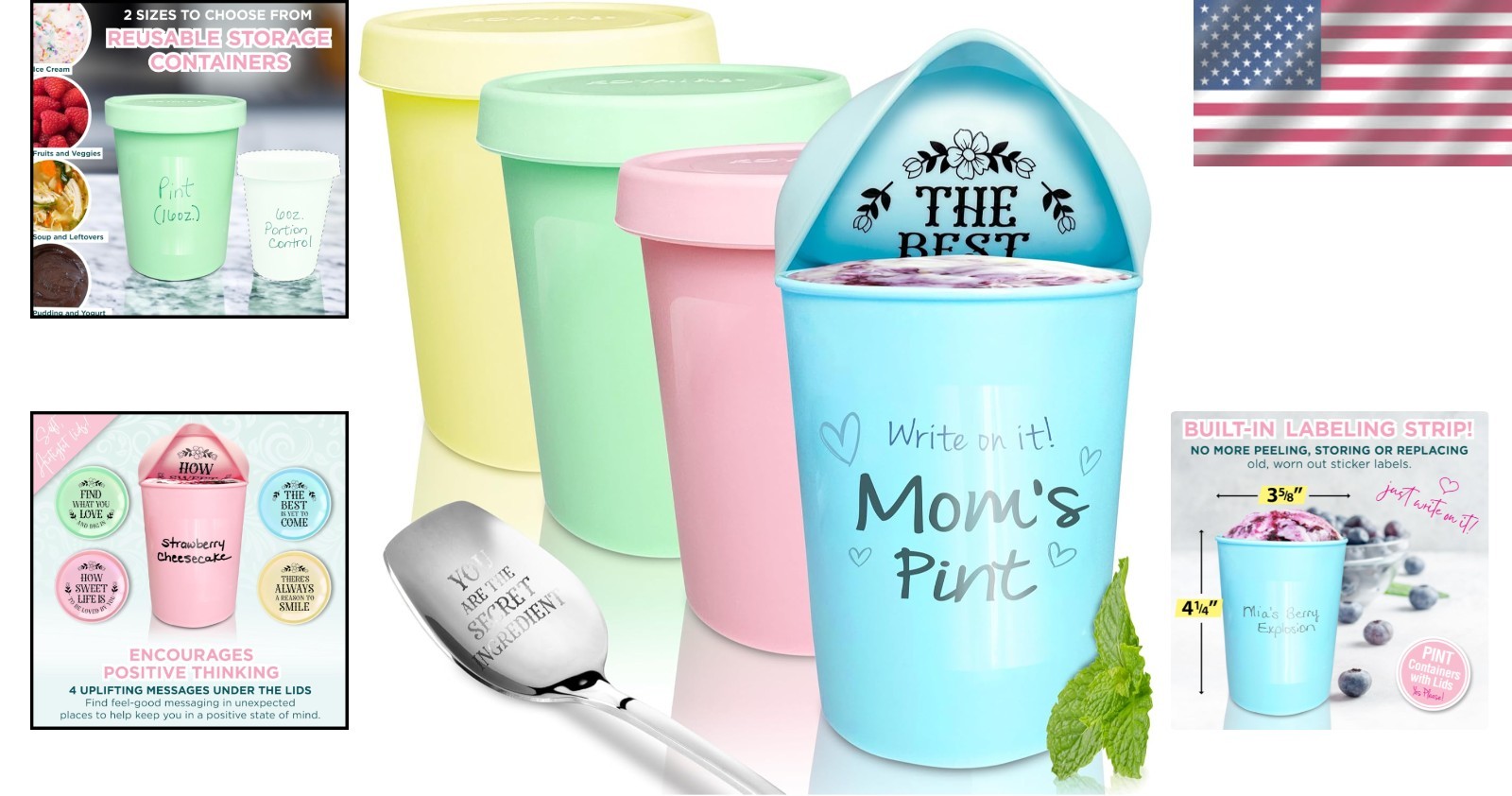 Rainbow Airtight Ice Cream Containers Set of 4 – 16oz with Built-In Labeling