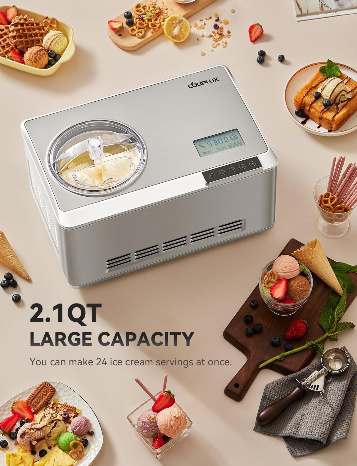 Ice Cream Maker, Fastest Freezing 2.1QT Ice Cream Machine with Built-in Compress