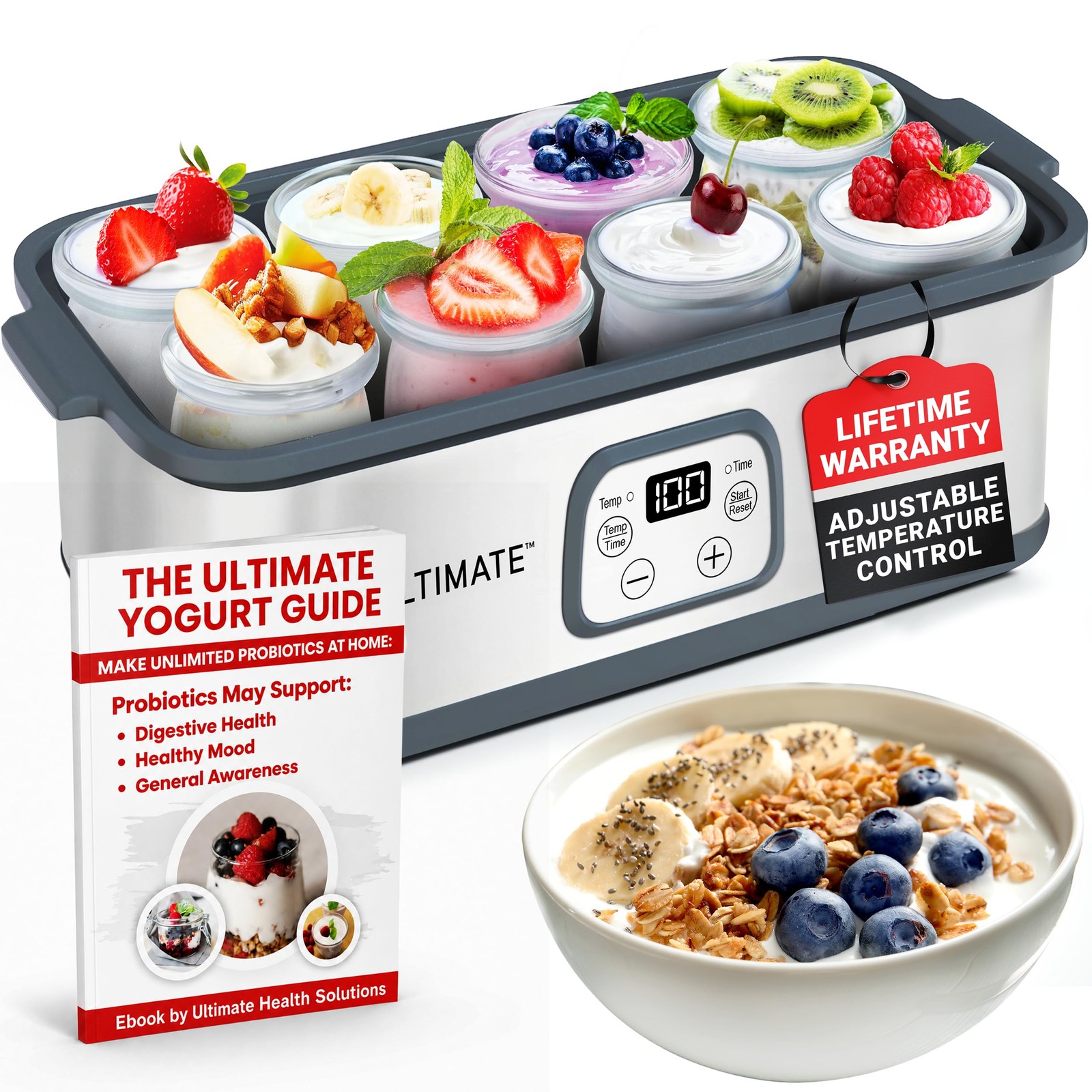 Ultimate Probiotic Yogurt Maker with With Eight Jars (6oz), Stainless Steel