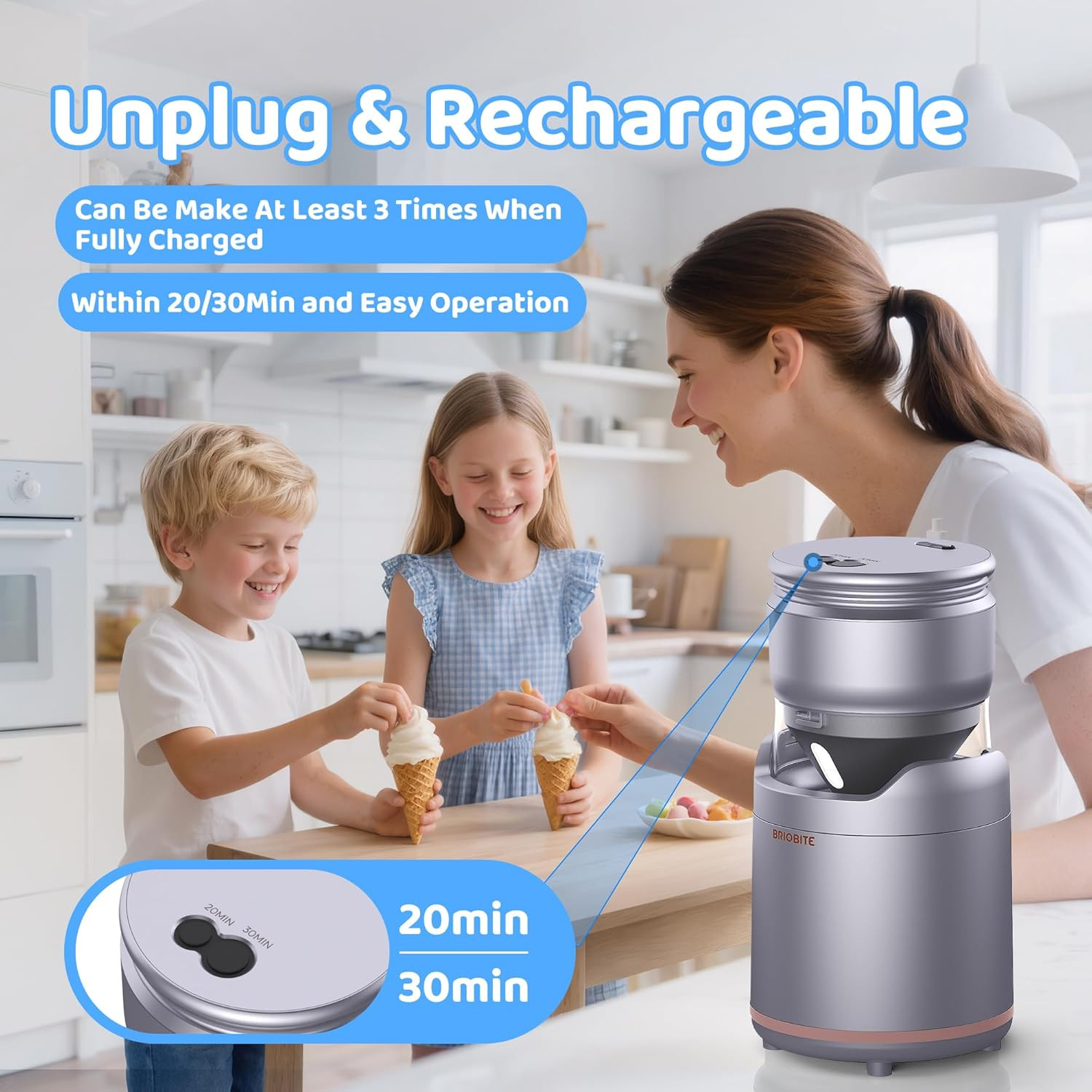 BRIOBITE Ice Cream Maker,Rechargeable Soft Ice Cream Machine with Low Noise,Comp