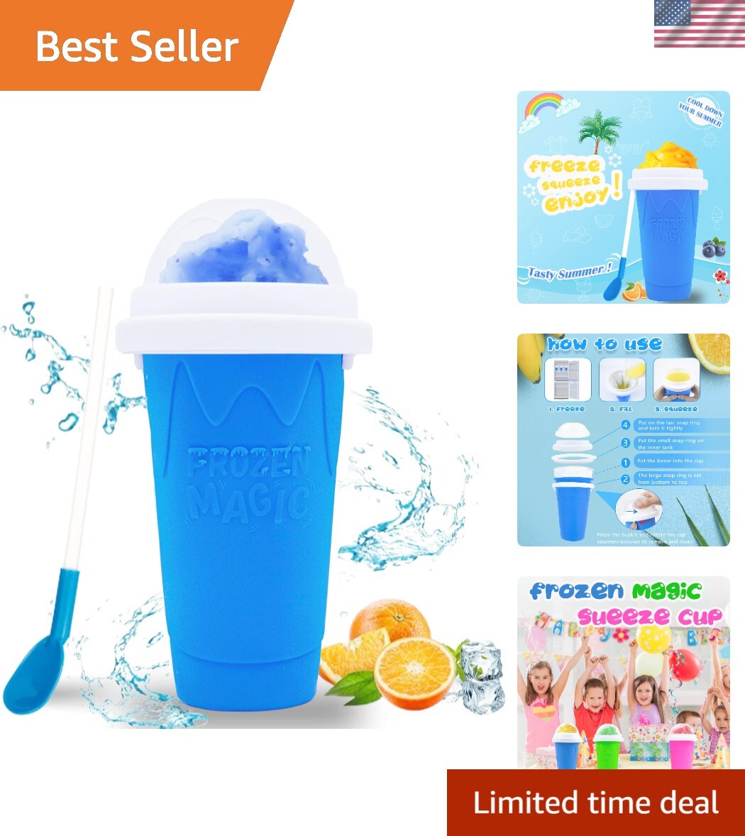 DIY Magic Slushy Maker – Quick Freeze Silicone Cup & Straw Spoon Combo, Blue