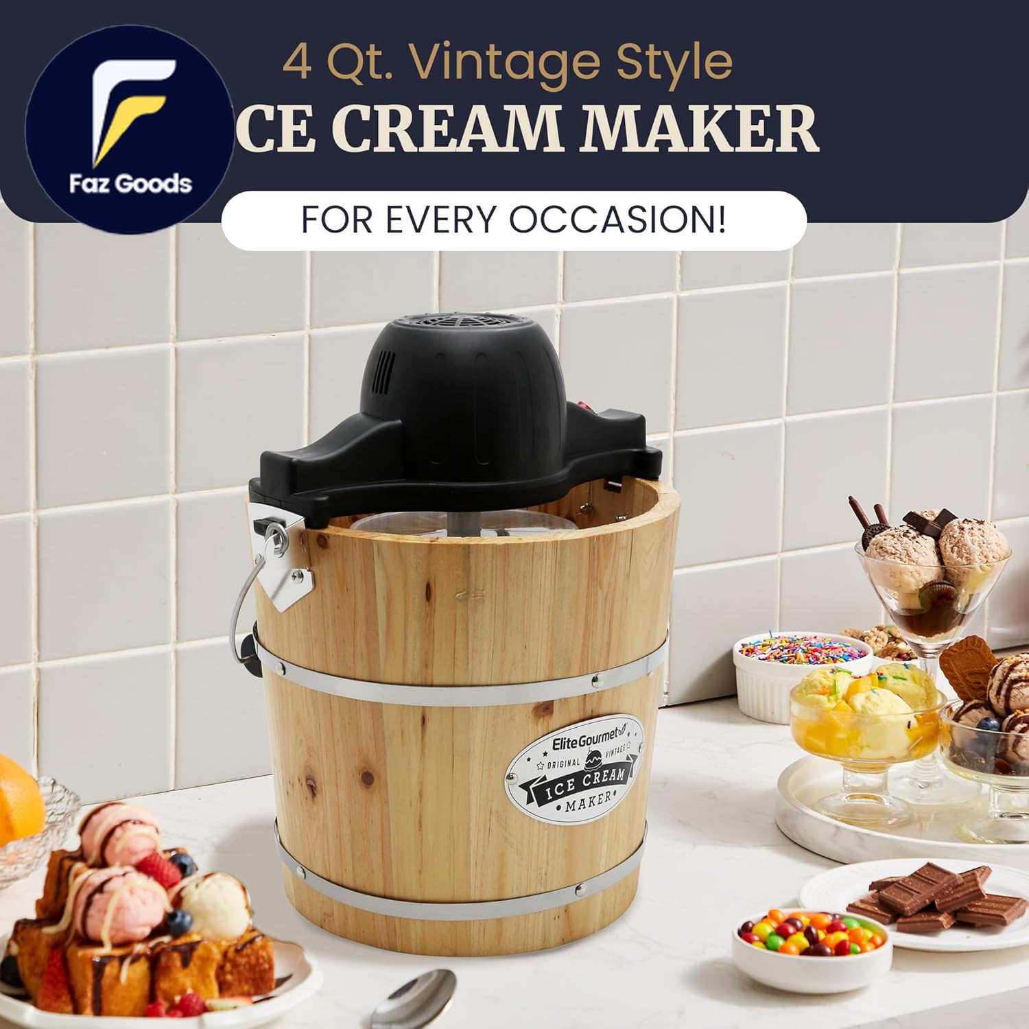 Elite Gourmet EIM402 Old Fashioned 4 Quart Vintage Wood Bucket Electric Ice