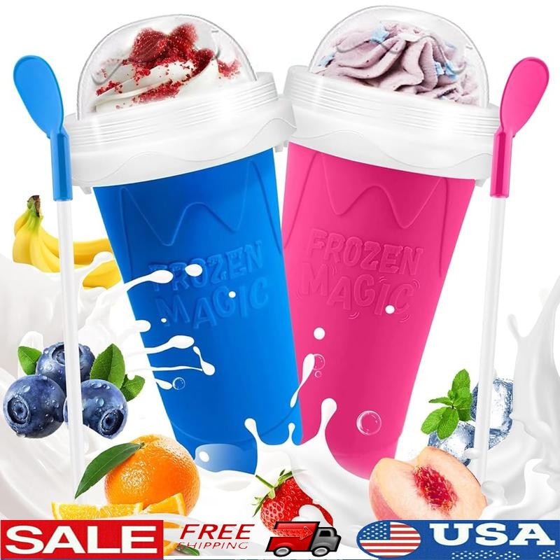 Slushy Maker Cup 2 Pack Quick Freeze DIY Slushy Cup W/ Spoon Straw Fun Treats US