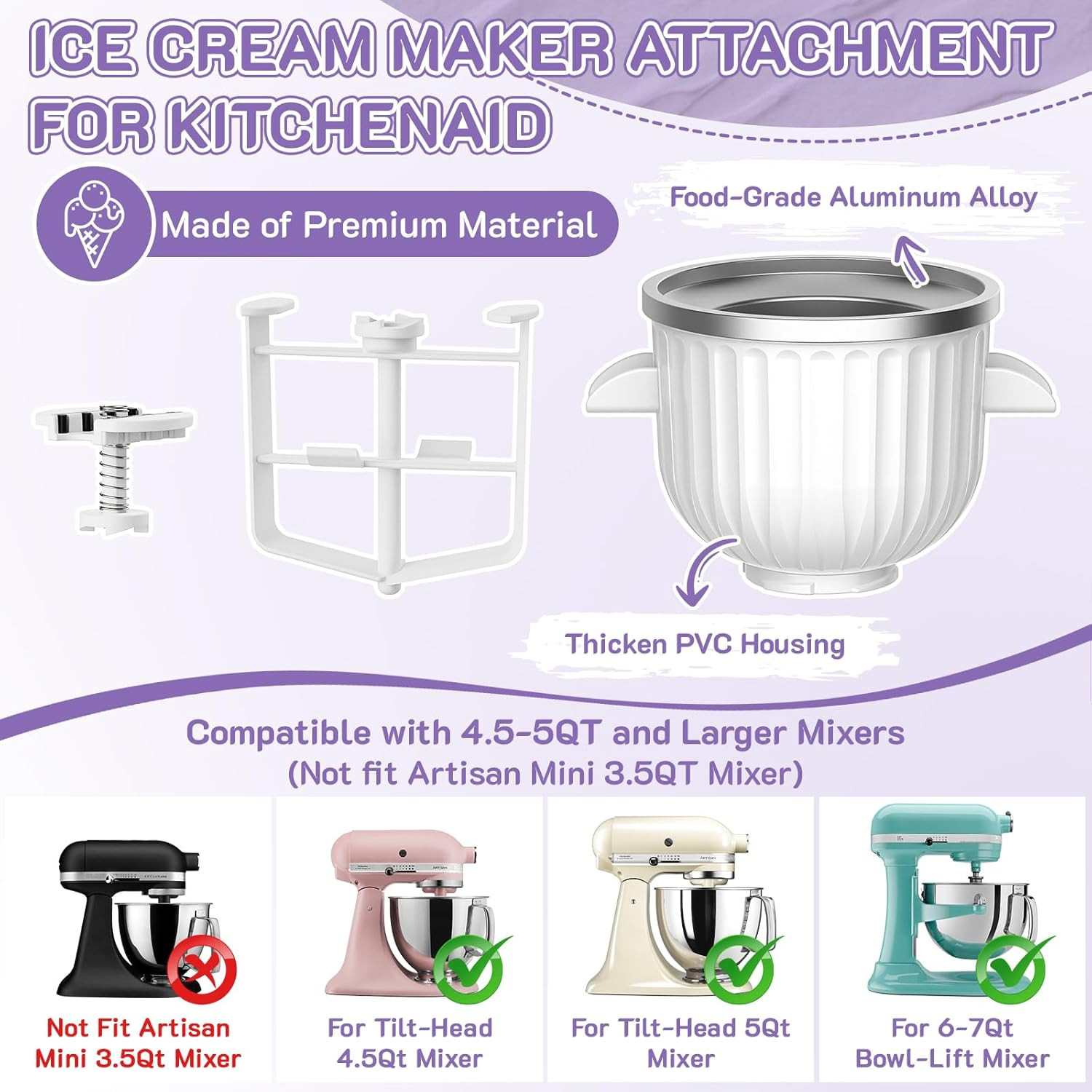 Ice Cream Maker Attachment for Kitchenaid Stand Mixer, Fits 4.5Qt and Larger Kit