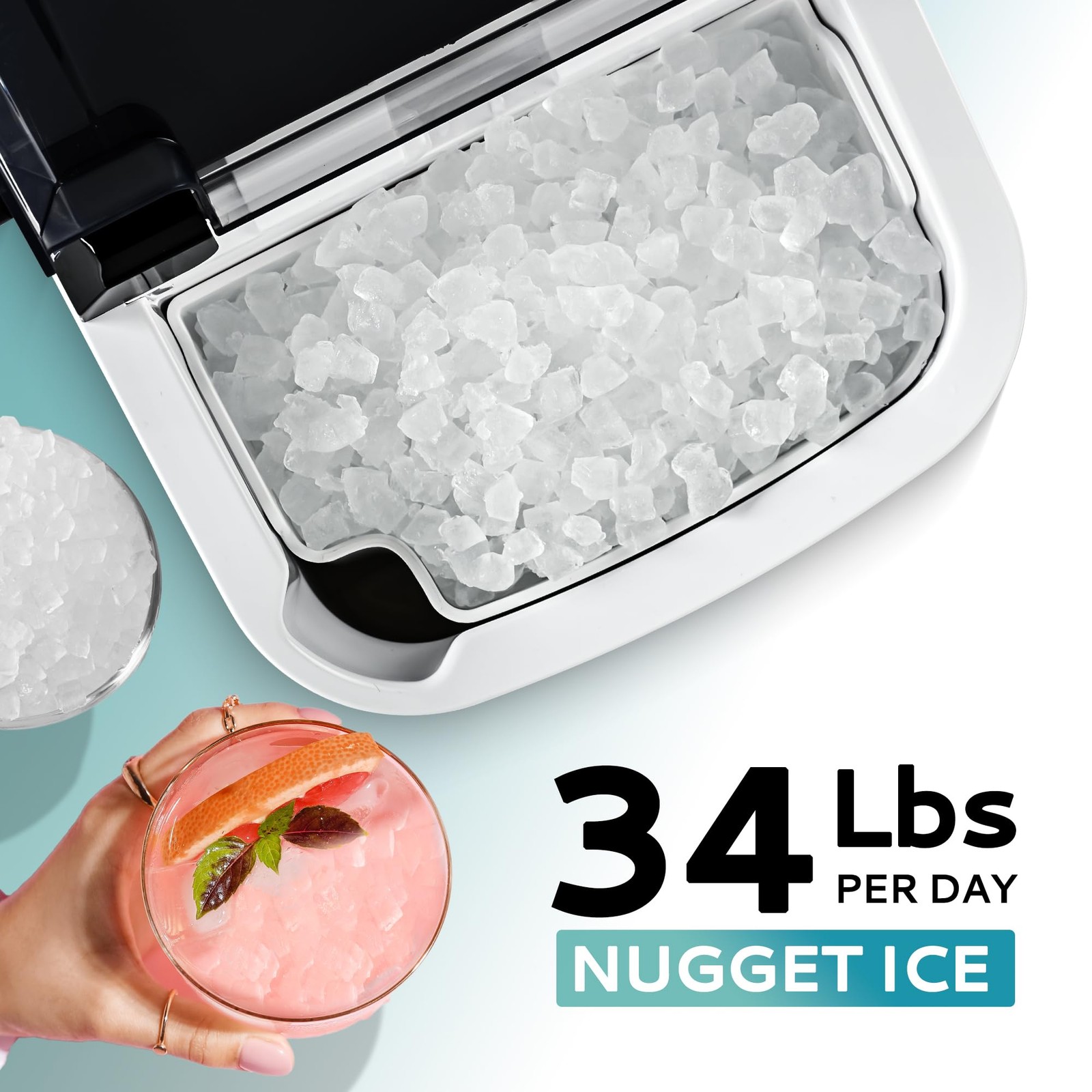 EUHOMY Nugget Ice Maker Countertop, 34lbs/Day, Ready in 6 Mins, W/ Handle