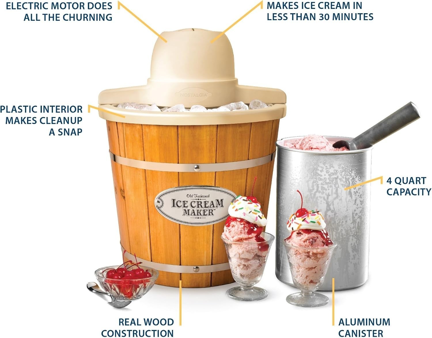 Old-Fashioned Electric Ice Cream Machine with 4 Qt Capacity – Light Wood Design