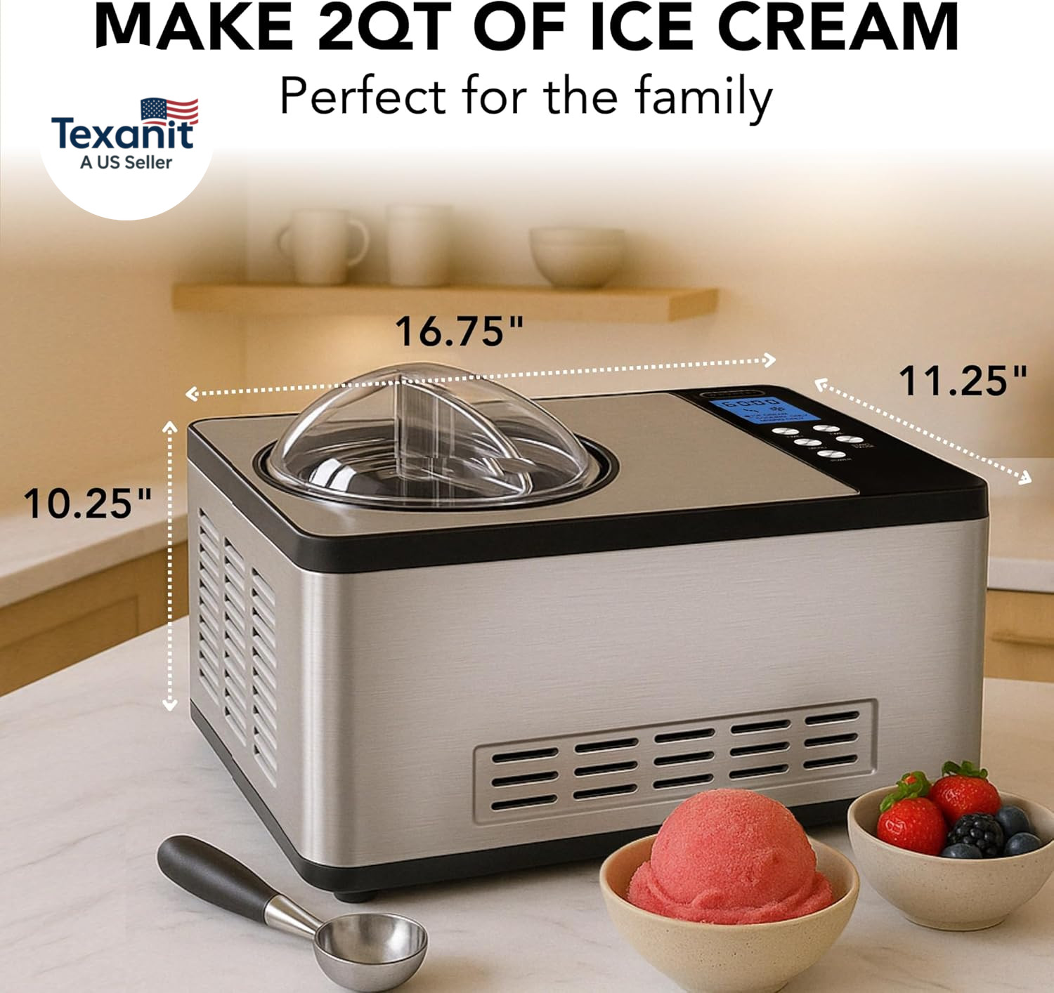 Ice Cream Maker Machine Automatic 2.1 Qt. with Built-In Compressor, LCD Digital