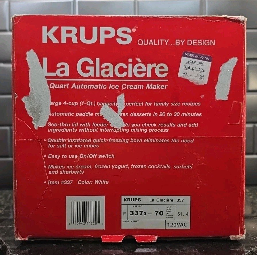 Krups La Glaciere 1 Quart Automatic Ice Cream Maker 337 White 120v