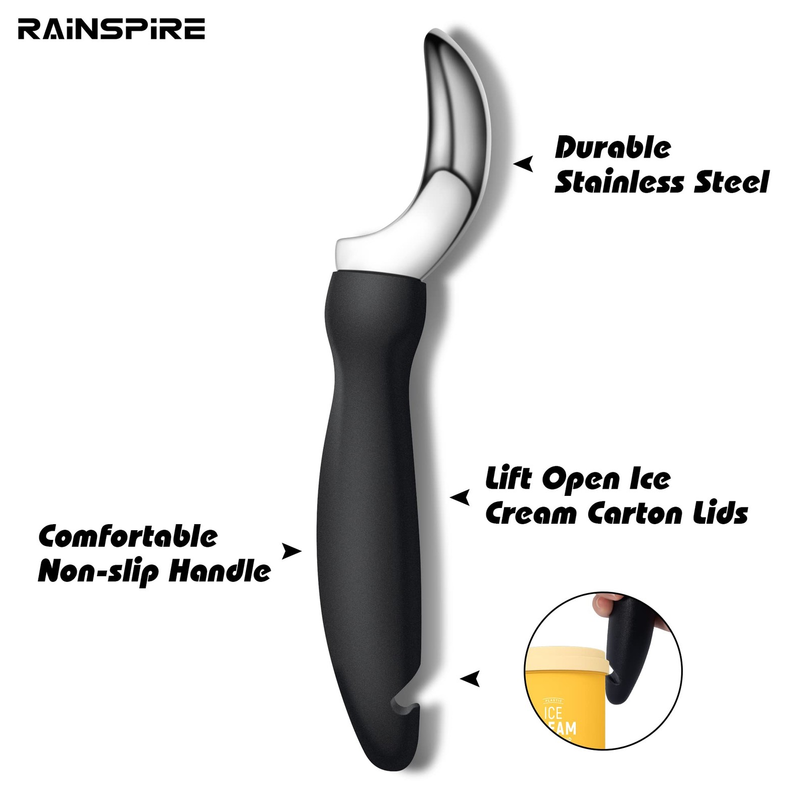 Rainspire Ice Cream Scoop Stainless Steel with 7.9×2.2×1.6 inch, Black