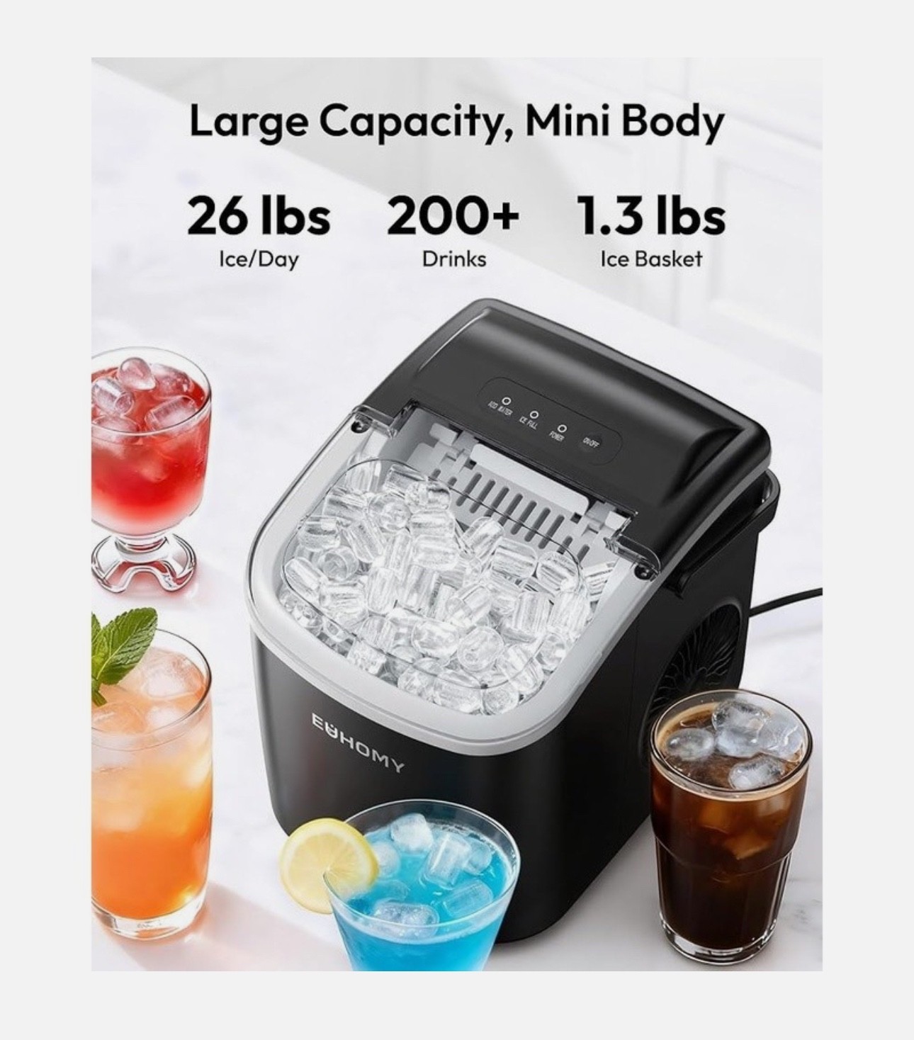 EUHOMY Countertop Ice Maker Machine, 26lbs/24Hrs, 9 Ice Cubes Ready in 6 Mins