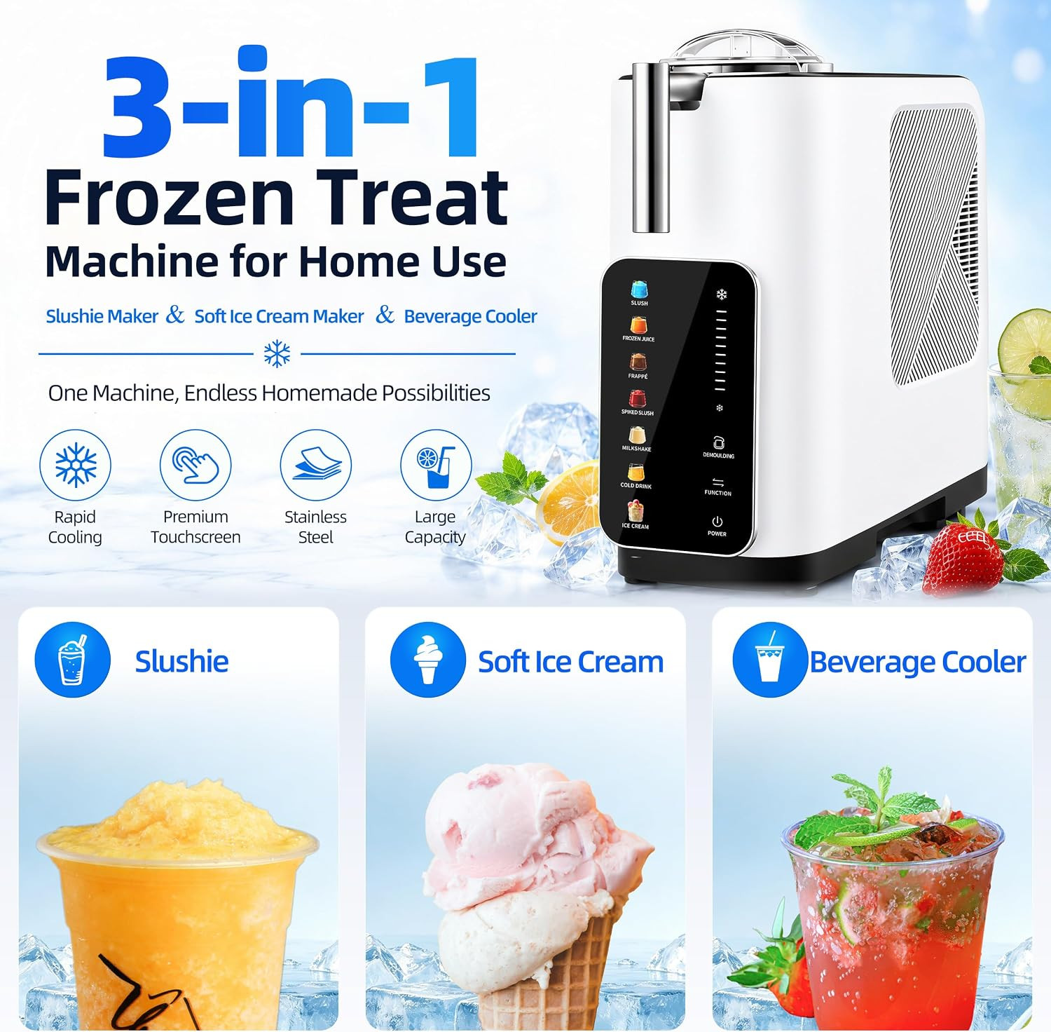 3 in 1 Frozen Treat Machine, Ice Cream Slush Maker & Drink Cooler | Stainless St