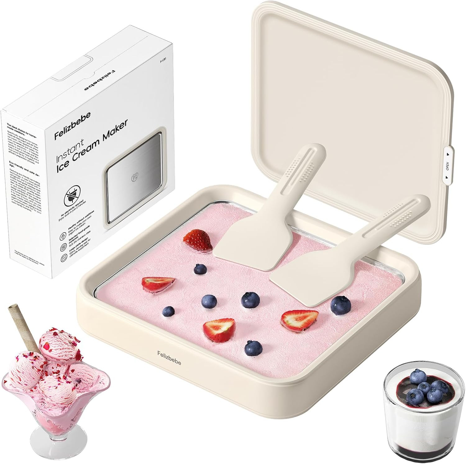 Rolled Ice Cream Maker, Felizbebe Instant Ice Cream Roller Tray with Lid and 2 S