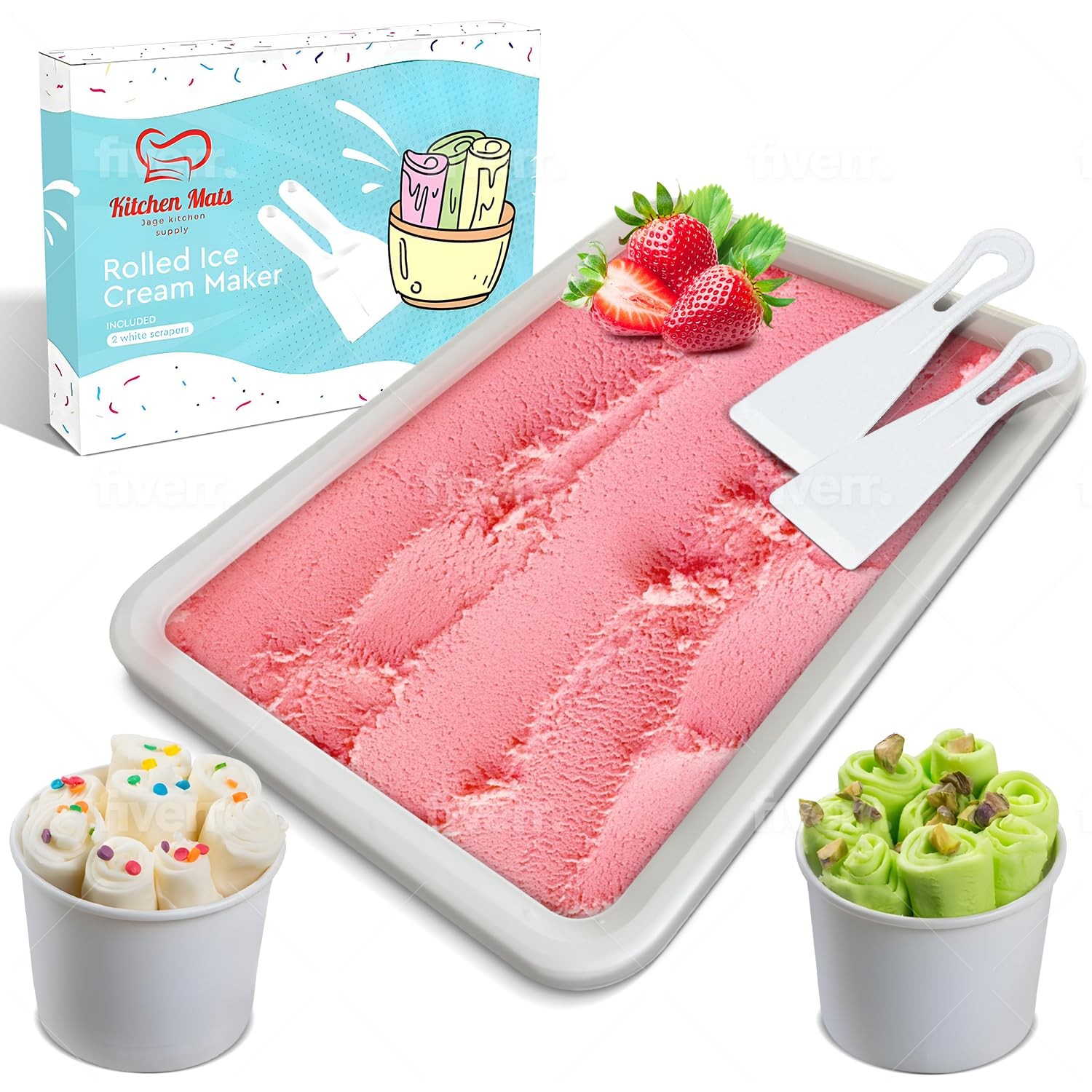 Rolling Ice Cream Tray Set Stainless Steel 14x10in with Spatulas