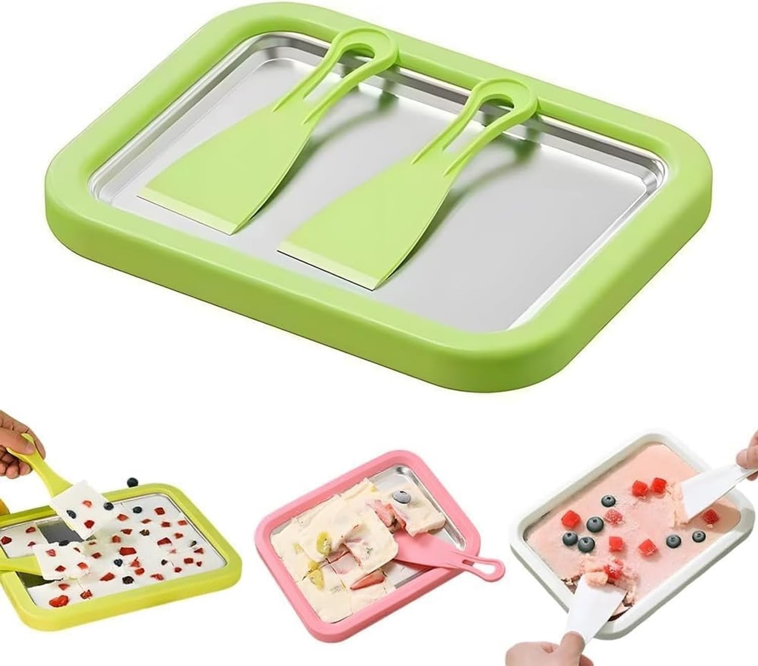 Stainless Steel At Home Rolled Ice Cream Maker Kit w/ 2 Scrapers and Tray Green