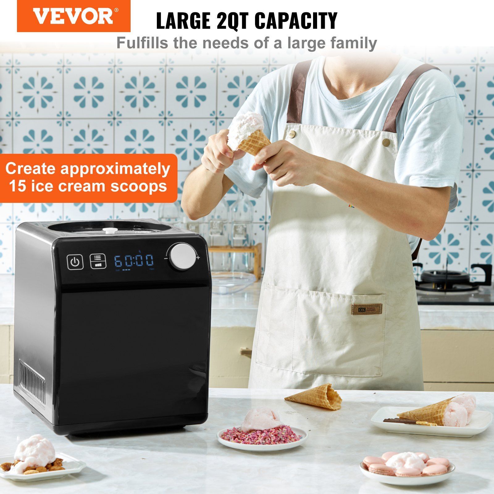 Upright Automatic Ice Cream Maker w/ Built-in Compressor Digital Display & Timer