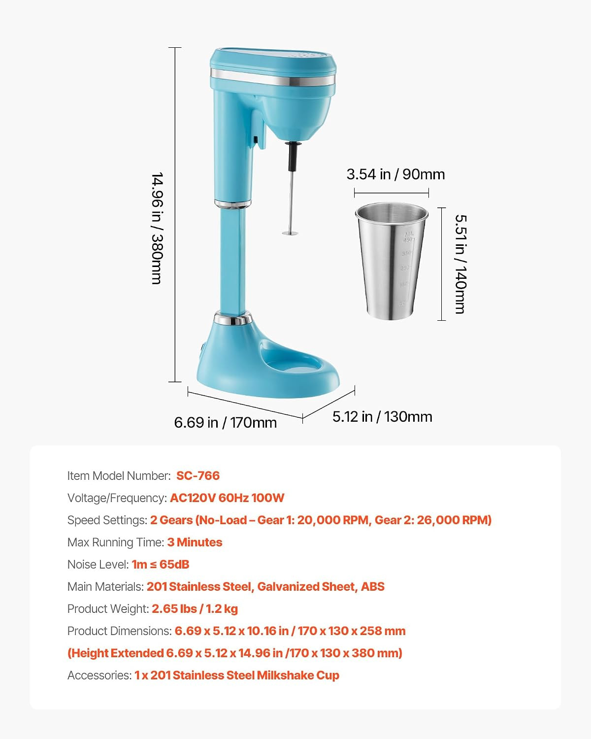 Milkshake Maker, 100W Milk Shake Maker Mixer, Single Head Drink Mixer Blender Ma