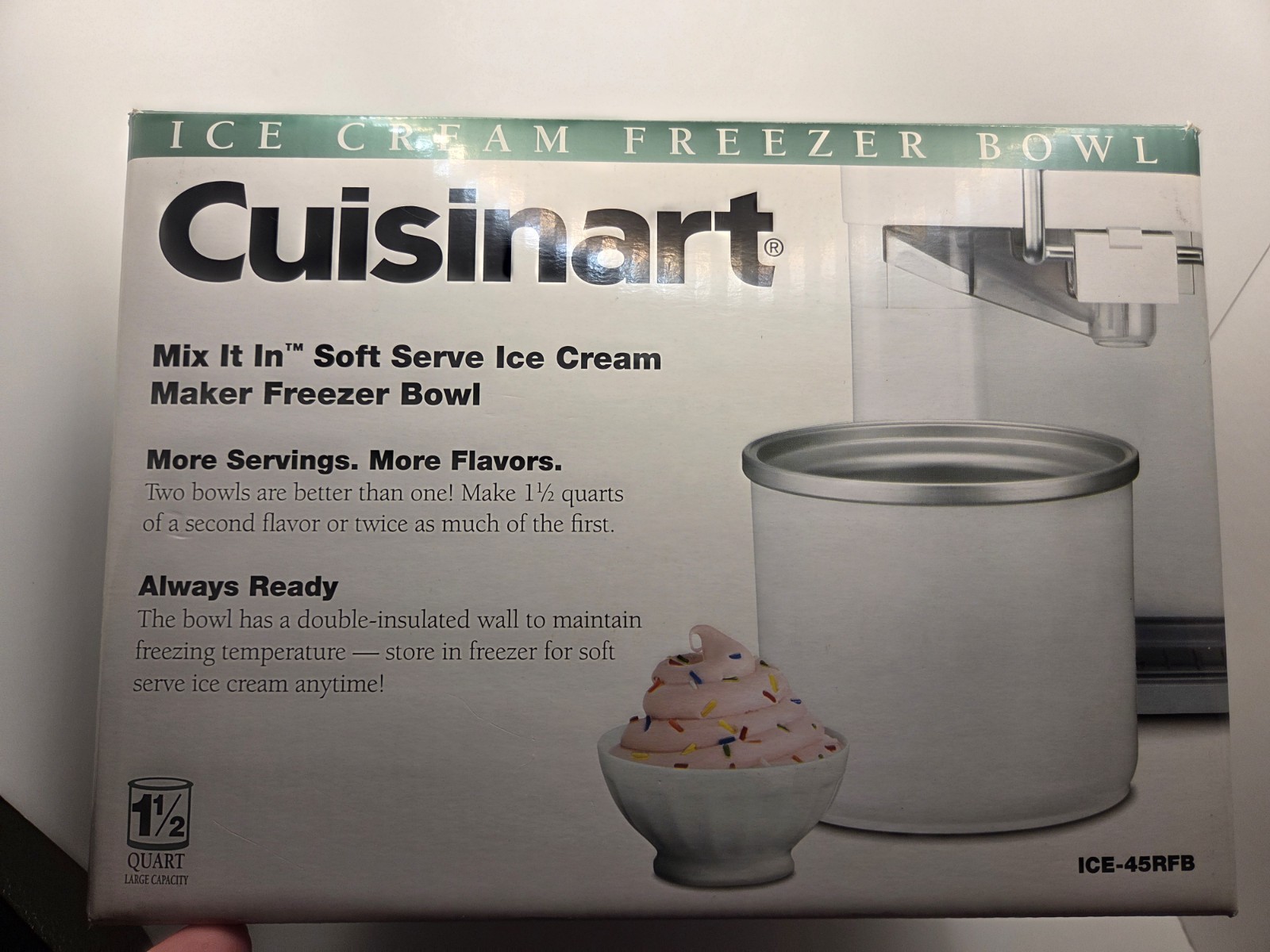 Cuisinart Mix It In Soft Serve Ice Cream Maker Freezer Bowl 1.5 qt ICE-45RFB
