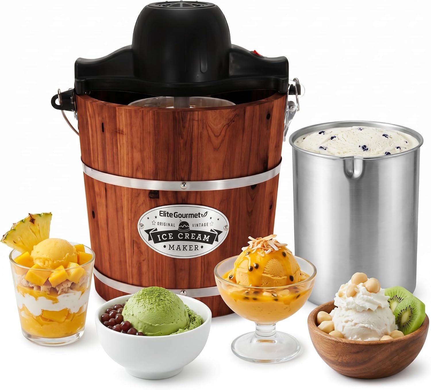 EIM418 Old Fashioned 4 Quart Vintage Walnut Wood Bucket Electric Ice Cream Maker