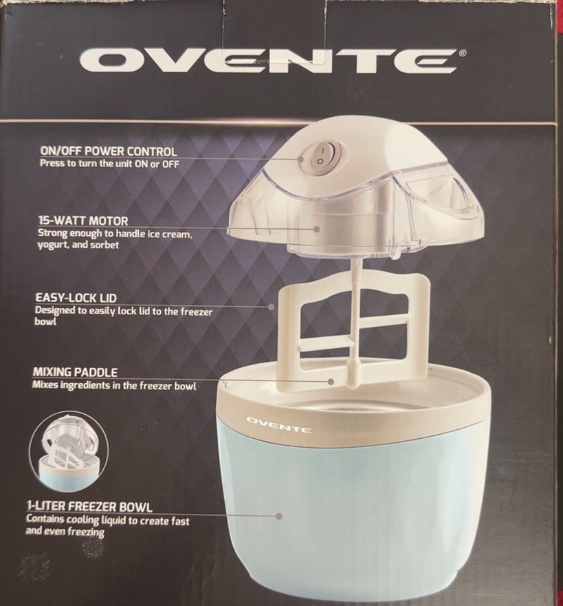 Ovente Electric Ice Cream Maker 1-Liter Bowl 15 Watt #ICM110BL New in Box