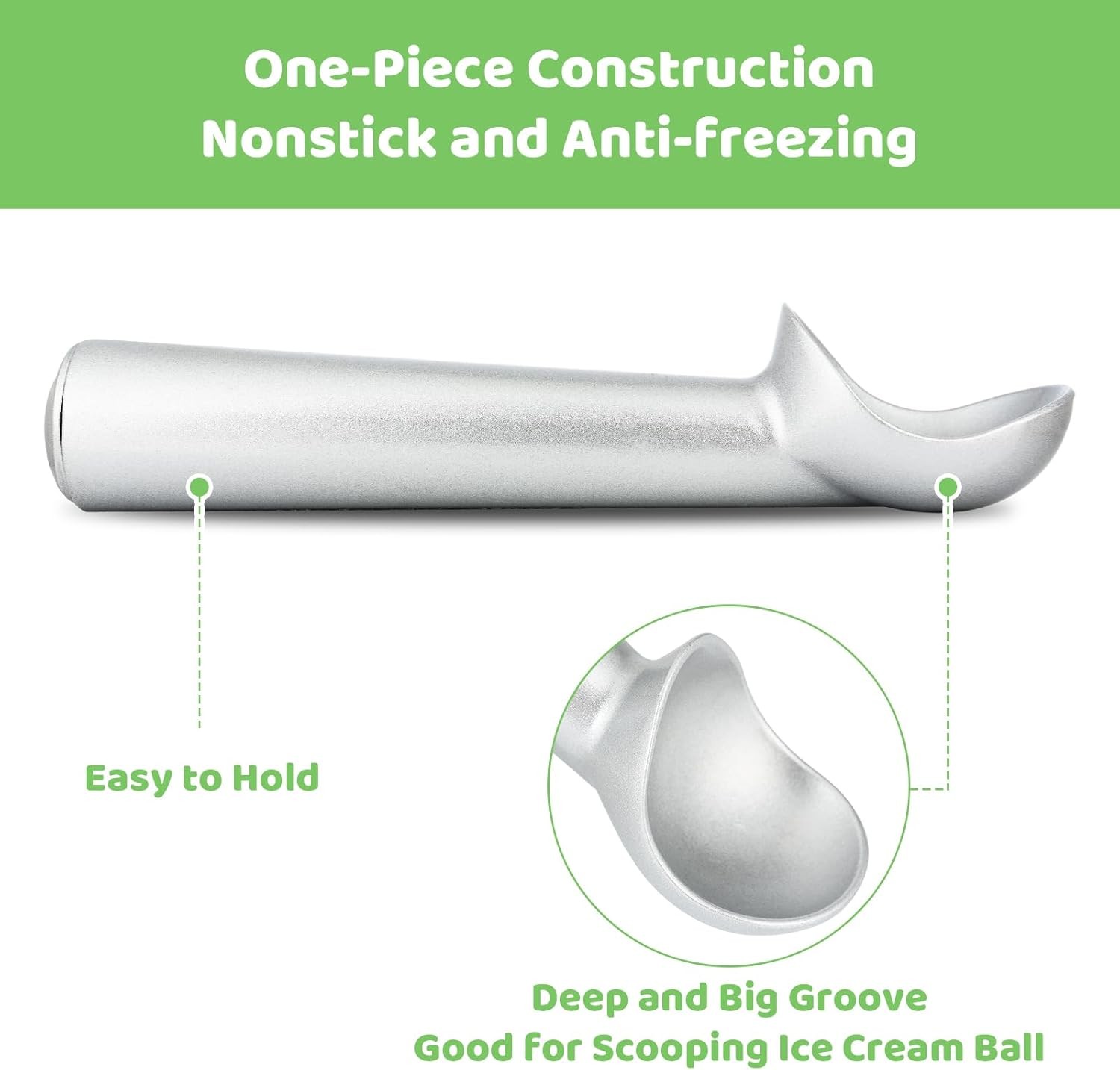 Ice Cream Scoop,7 inches Nonstick Anti-Freeze One Piece Aluminum Silver
