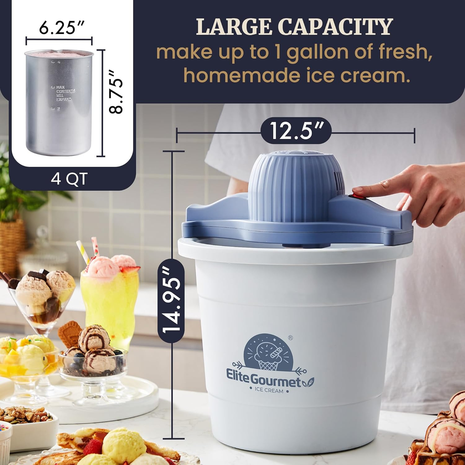 4Qt Electric Ice Cream Maker EIM350 Delicious Homemade Ice Cream, Gelato, Sor…