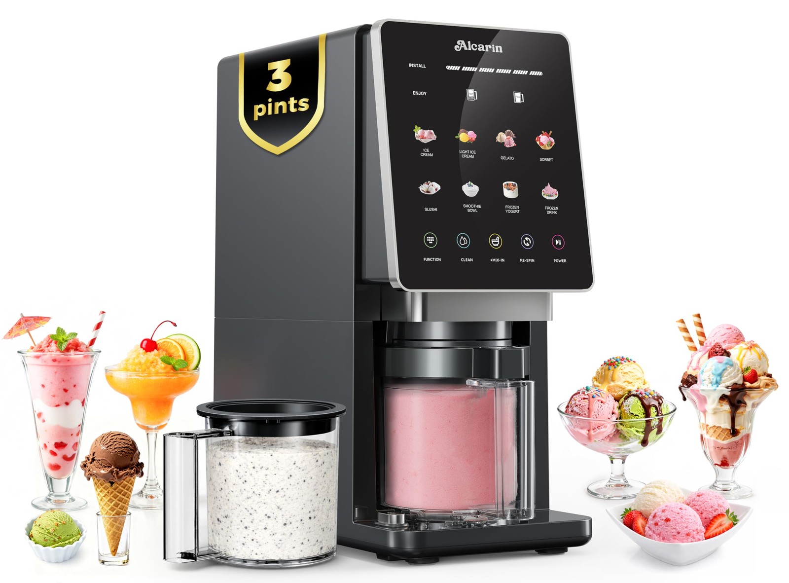 Ice Cream Maker with 3 Pints(Not Freezer) Homemade Slushie Gelato Yogurt Sorb…
