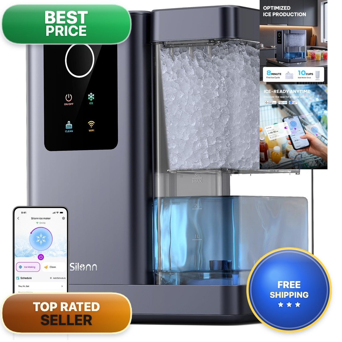 Silonn Nugget Ice Maker Countertop App Control Self Cleaning Ice Machine 3L