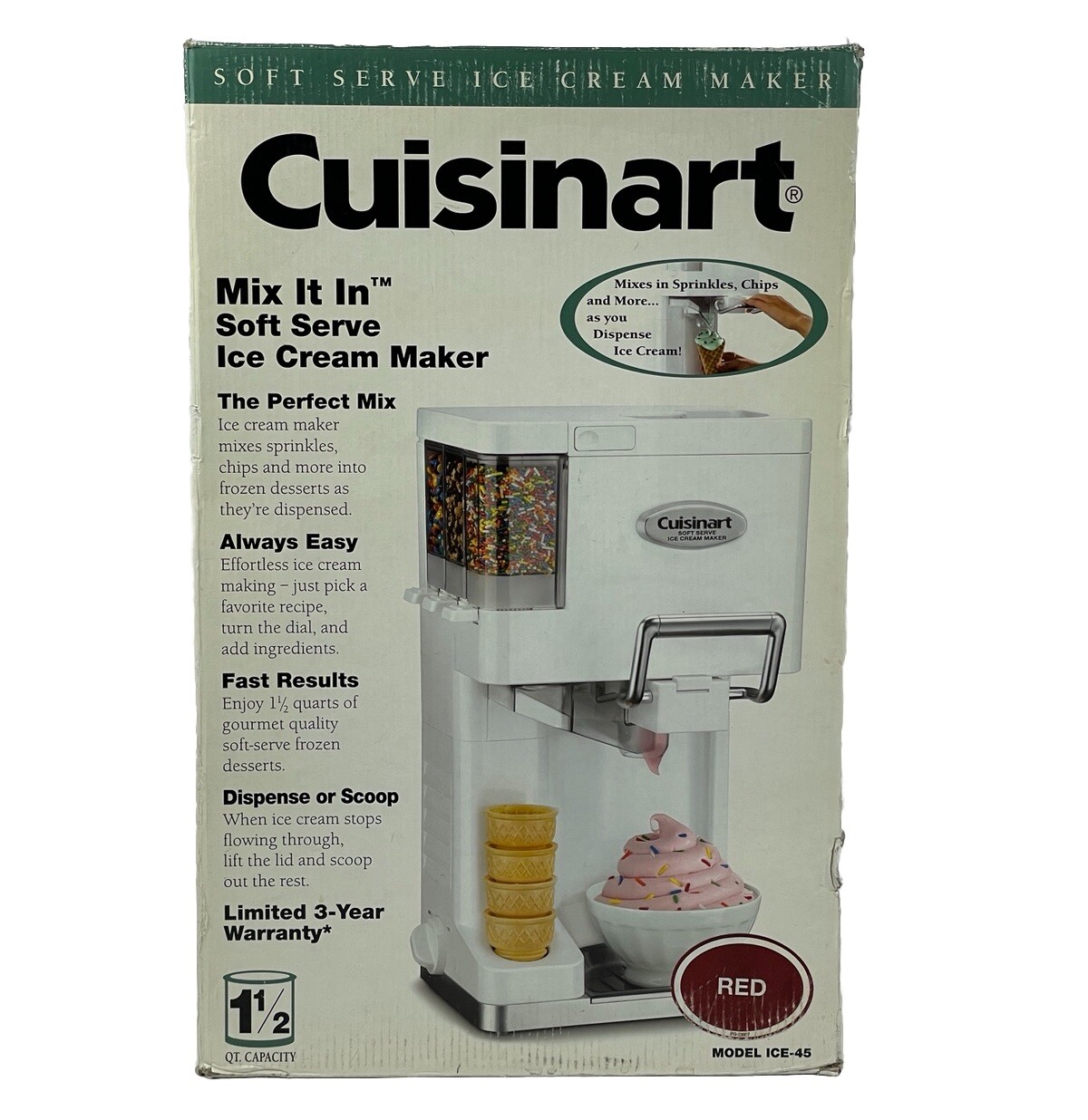 Cuisinart ICE-45 Red Mix It In Soft Serve Ice Cream Maker 1.5 Qt – New Open Box