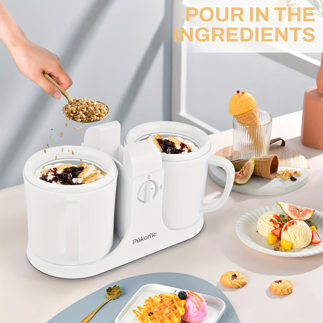 Portable Automatic Ice Cream Maker 1L Dual Cup Yogurt Frozen Dessert Machine