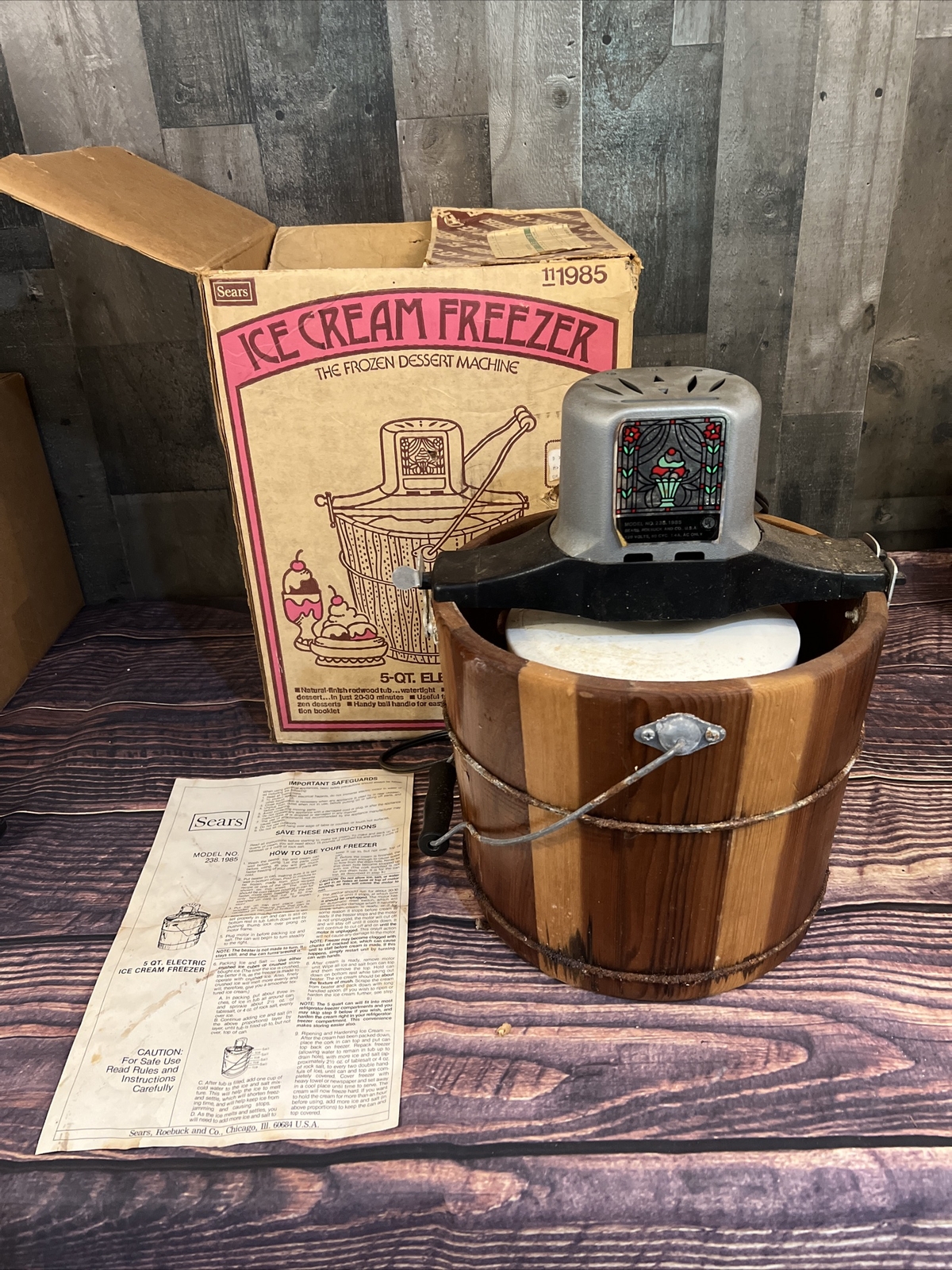 Vintage Sears Roebuck Ice Cream Freezer Maker 5Quart Electric motor run