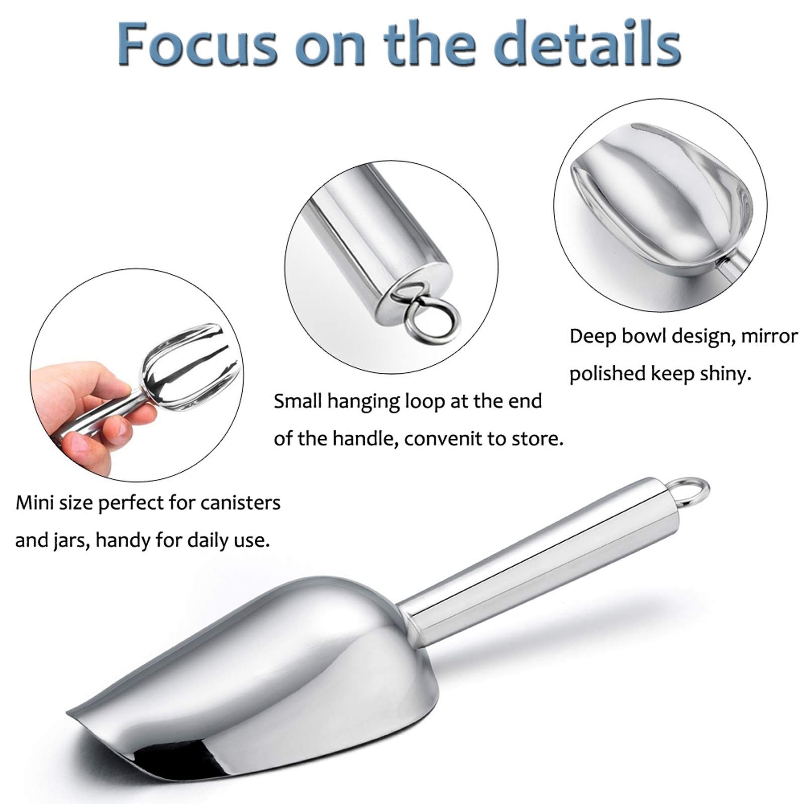 Mini Ice Scoop Set of 6, E-far 3 Ounce Stainless Steel 6Pieces, Silver